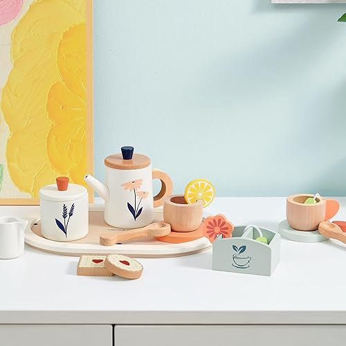 Miniatura 2 de Juego de té de madera para niños pequeños, juego de fiesta de té de madera para niños, juego de juguetes de comida, accesorios de cocina, fiesta de