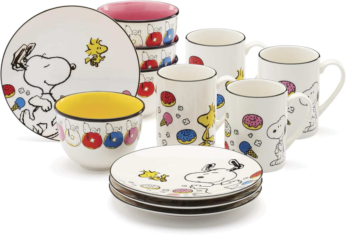 Juego de vajilla Chef Snoopy de porcelana de 12 piezas para 4 | cerámica, apto para lavavajillas, apto para microondas | juegos de platos y tazones para cocina y comedor, vajilla, vajilla