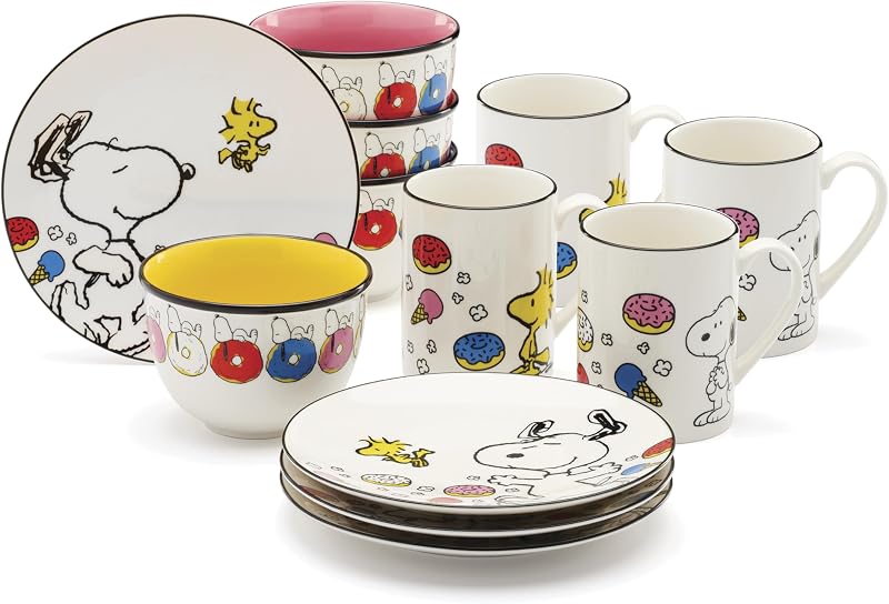 Juego de vajilla Chef Snoopy de porcelana de 12 piezas para 4 | cerámica, apto para lavavajillas, apto para microondas | juegos de platos y tazones para cocina y comedor, vajilla, vajilla