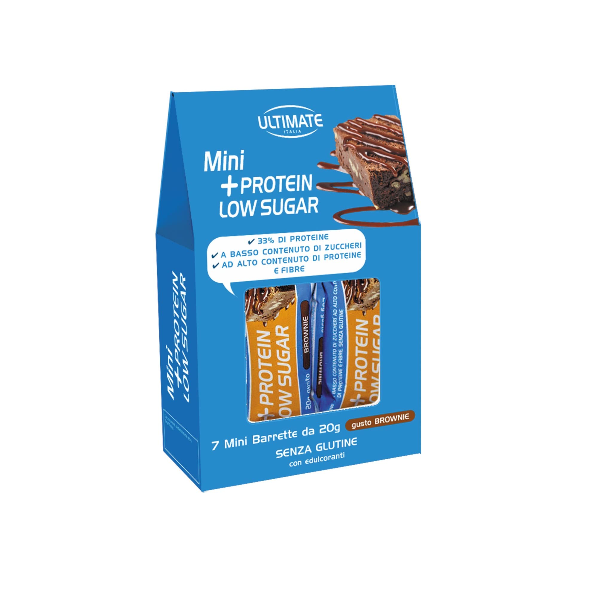 Ultimate Italia - Barretta low sugar proteica al 33% - gusto brownie - 7x20g - a basso contenuto di zuccheri, poche calorie, senza glutine
