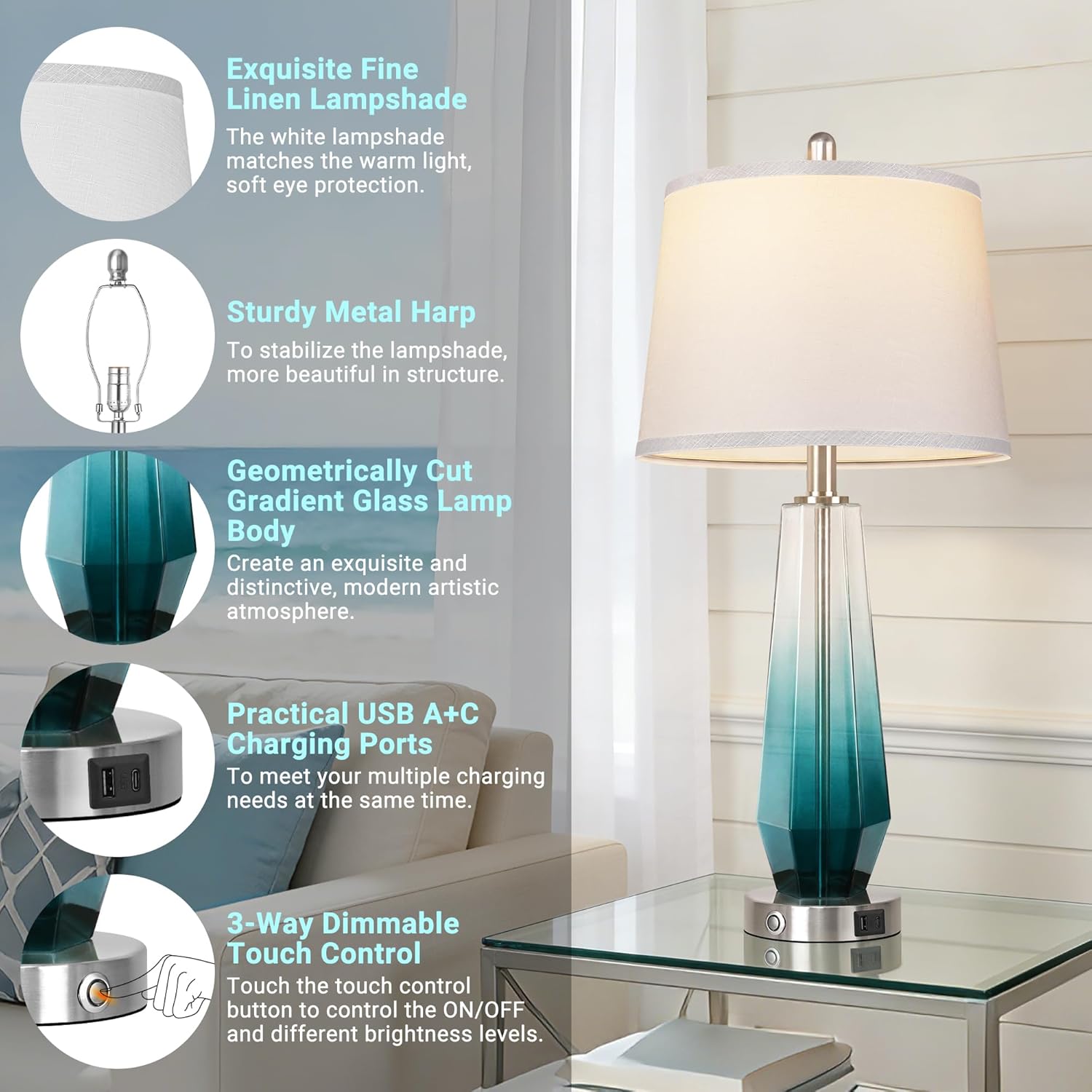 QiMH Glass Table lamps for living room, Modern Bedside Lamps for Bedrooms,27.5" Tall Nightstand Lamps Set of 2 with 3-Way Dimmable Touch Control, White Linen Shade,USB A/C Charging Ports,Gradient Teal