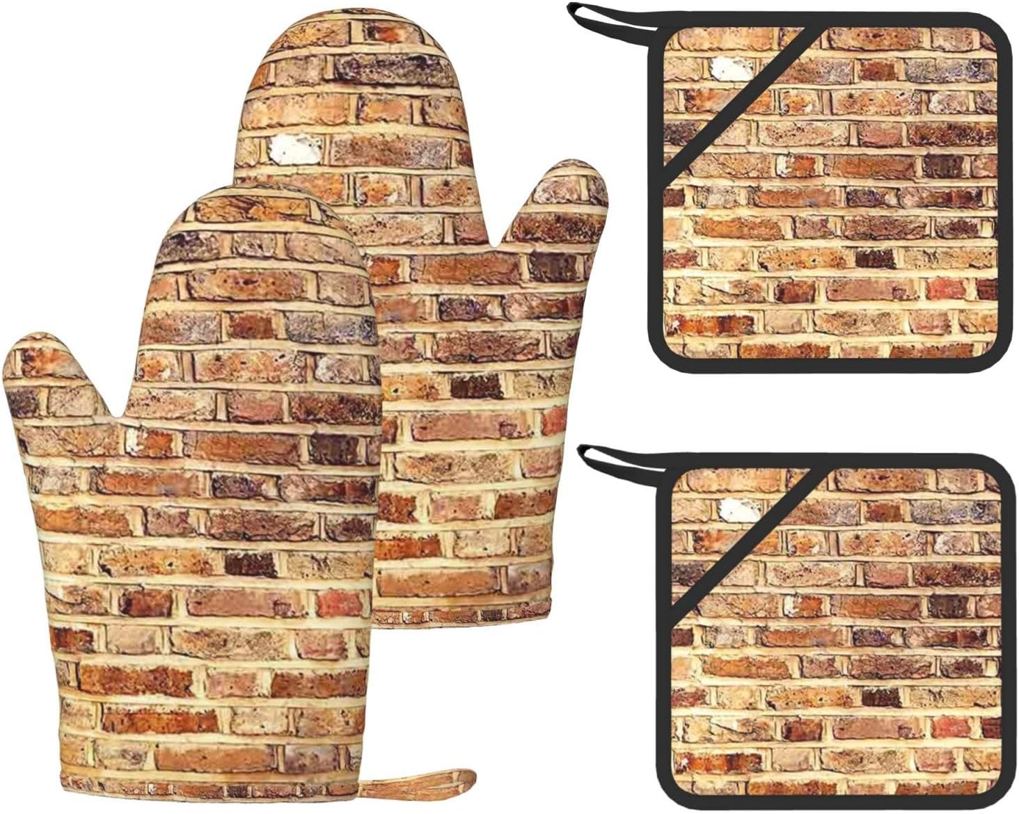 Industrial Brick Wall Background Oven Mitts and Pot Holders Set of 4 Heat Resistant Kitchen Gloves with Silicone Palm Hot Pads for Baking Cooking Grilling BBQ