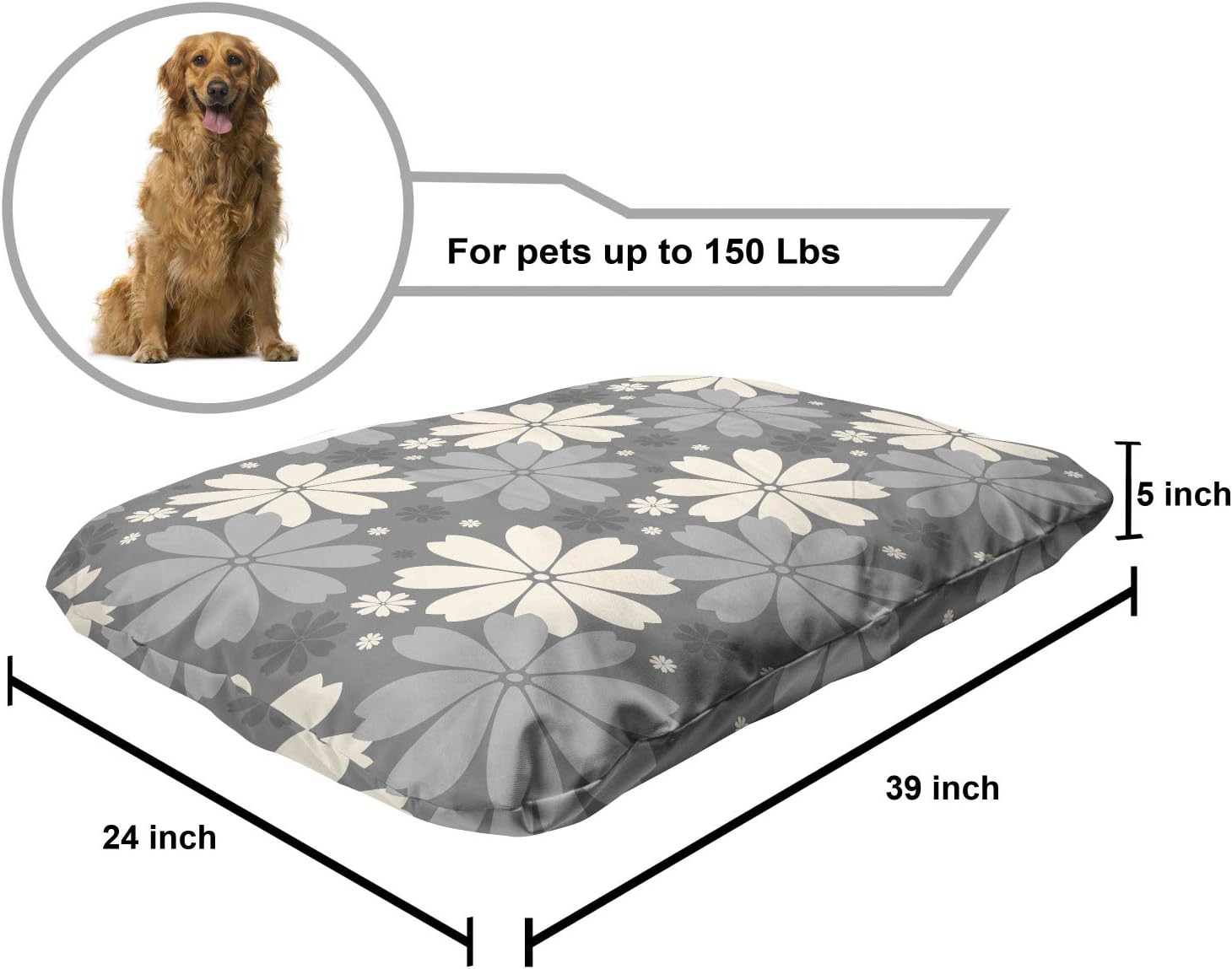 review Lunarable Floral Pet Bed, Flowers and Large Petals on a Grey Background Continuous Pattern in Simplicity, Chew Resistant Pad for Dogs and Cats Cushion with Removable Cover, 24
