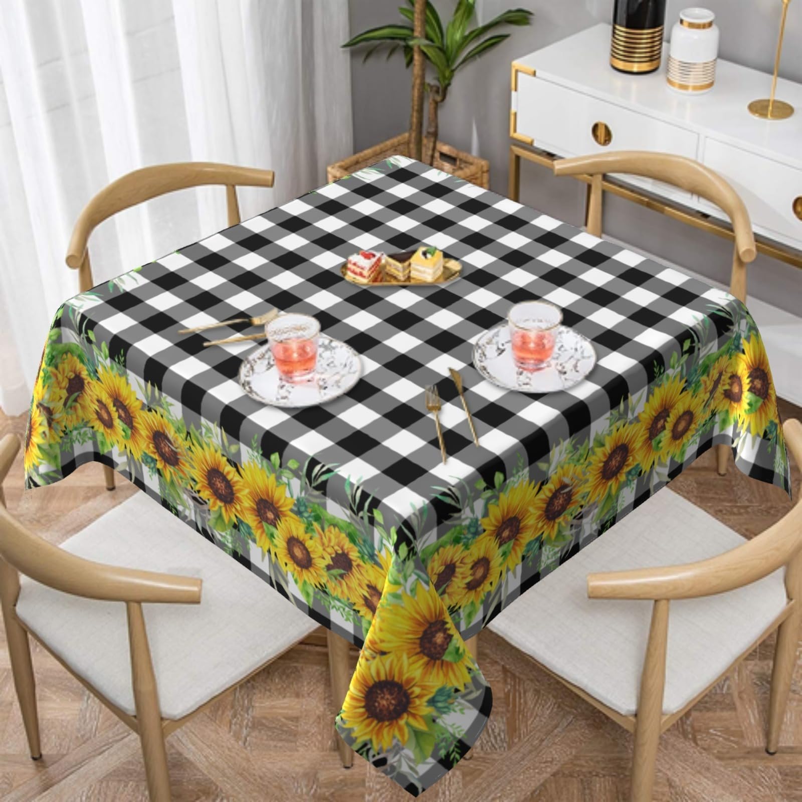 Sunflower Tablecloth 54×54 Inch Spring Summer Buffalo Plaid Table Cloth Water-Resistant Spill-Proof Washable Fabric Tablecover for Kitchen Dining Party Picnic Indoor Outdoor