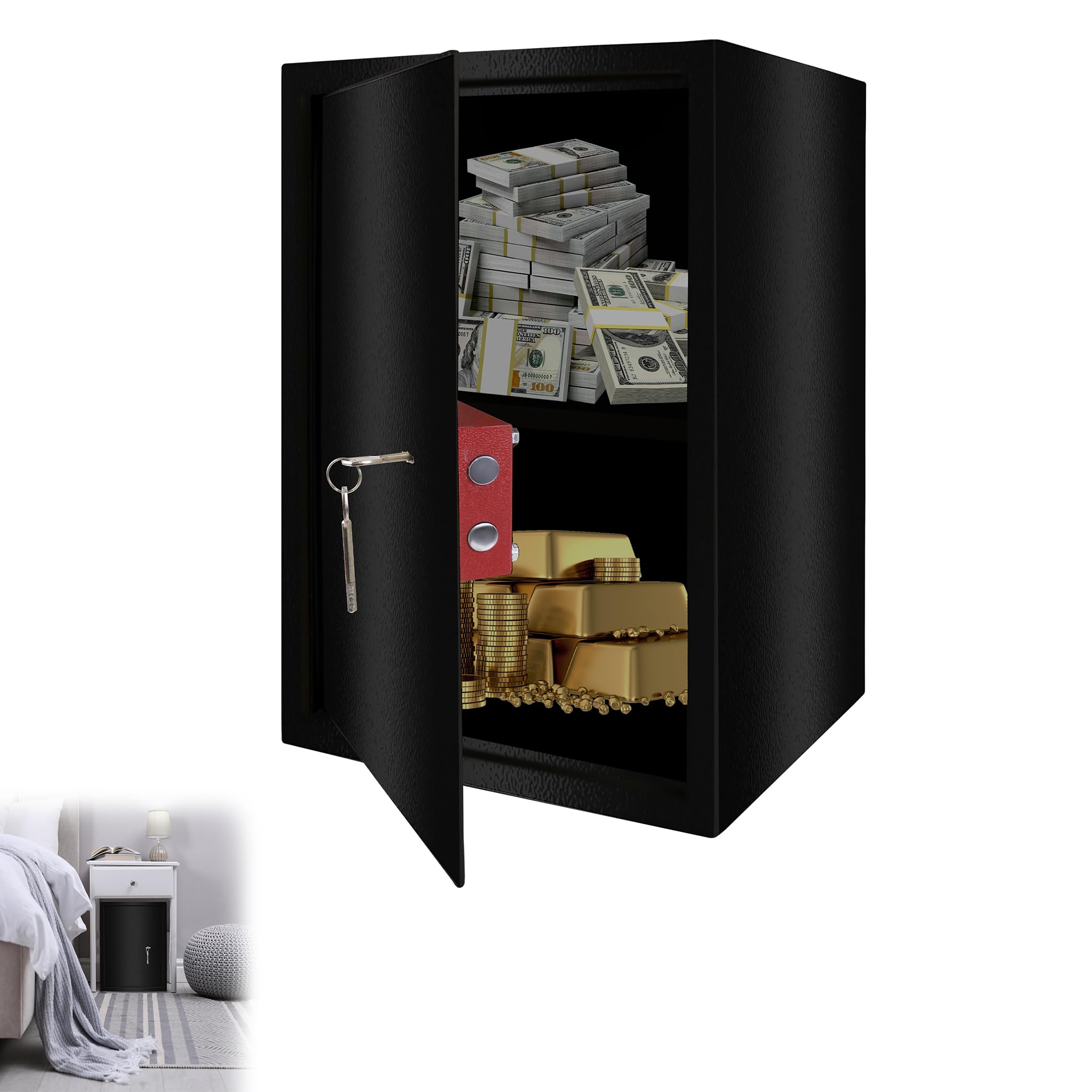 YRHome Sejf meblowy, sejf w rozmiarze XL, 35 x 31 x 50 cm, z 2 zamkiem na klucze i śrubami mocującymi, sejf podłogowy, ścienny, szafka na pieniądze, kolor czarny