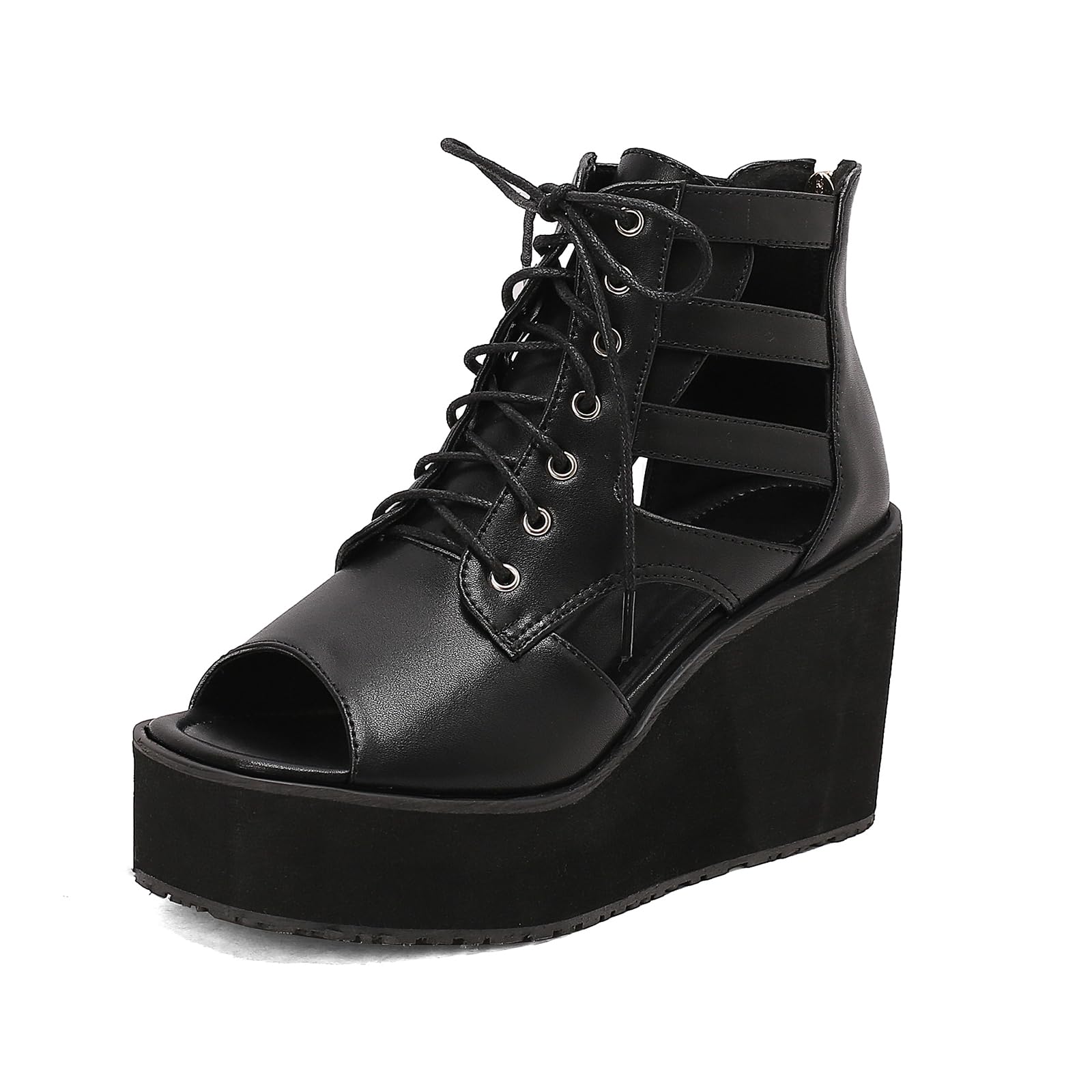 Sandalias Cuna Mujer Negro Gotico Cordones Cutout Peep Toe Plataforma