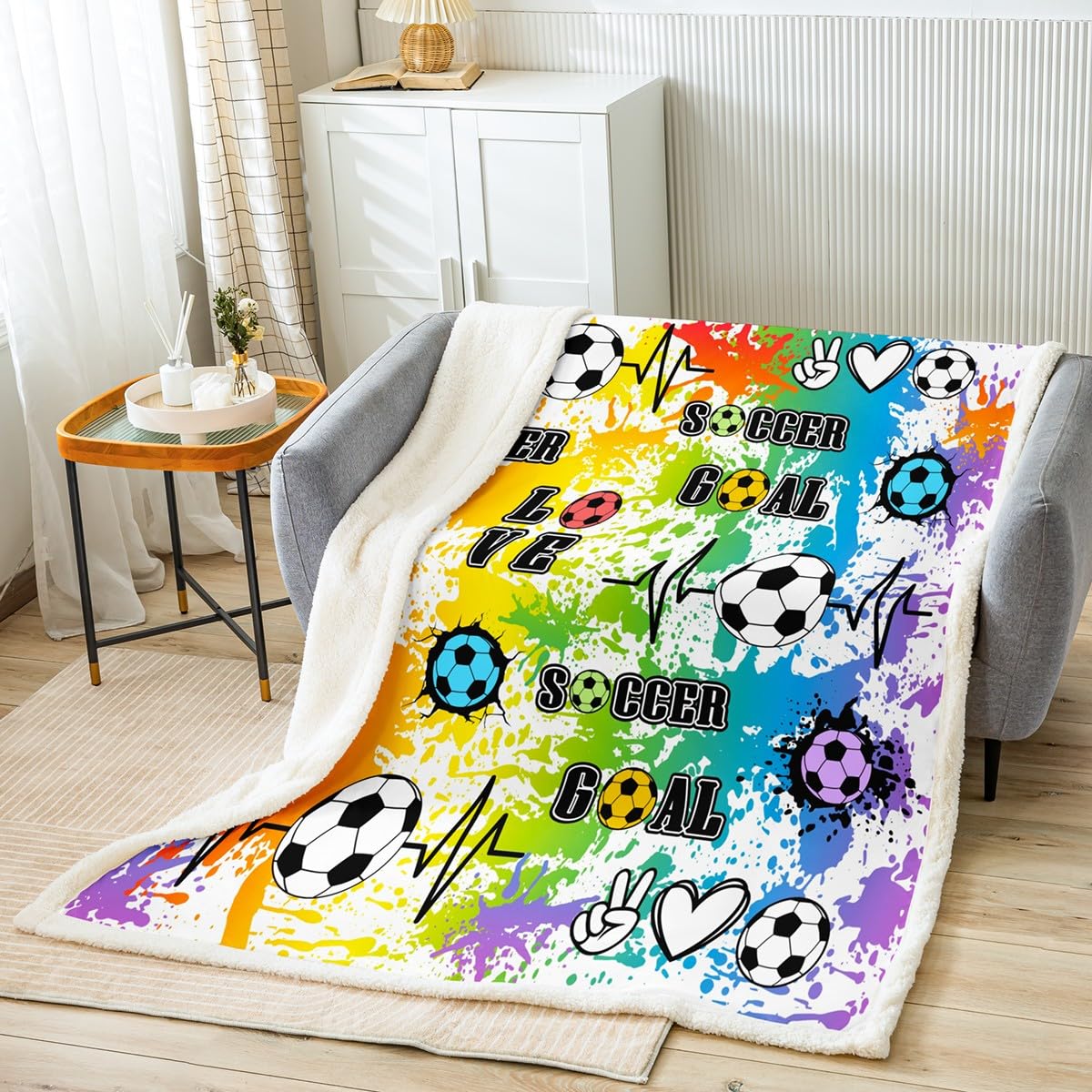 Manfei Soccer Throw Blanket Colorful Stain Dots Print Blanket for Couch Sofa, Sports Game Theme Bed Blanket for Kids Boys Girl Room Decor, Soft and Breathable Fleece Blanket(40 x 50 Inches)