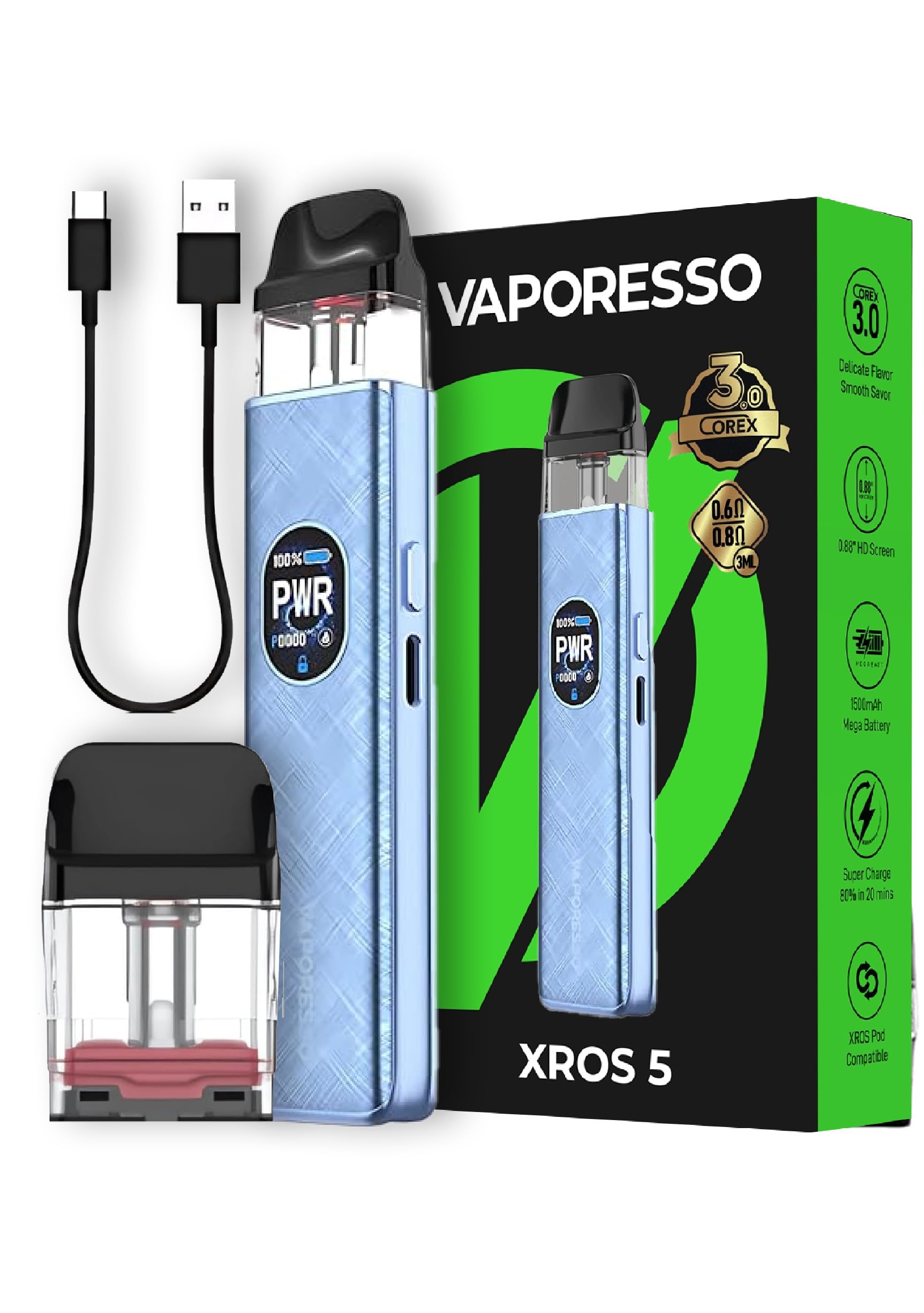 vaporesso xros 5 corex 3.0 pods Vaporesso XROS 5 Pod System-COREX 3.0 Tech, Adjustable Power & Airflow,  1500mAh Battery, 3A Super Charging, 0.88” HD Screen – for XROS Series Pods-  No Nicotine (Blue Silk): Amazon.co.uk: Electronics & Photo