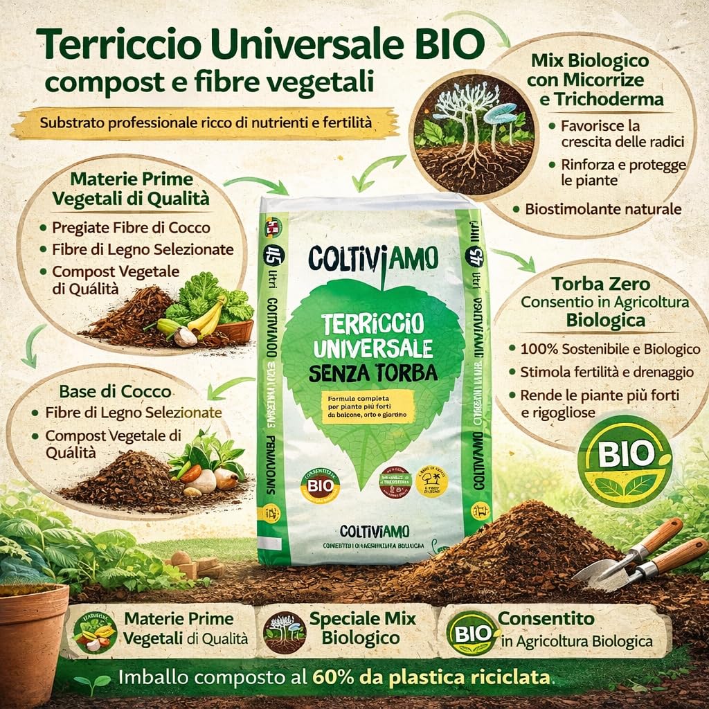 COLTIViAMO Terriccio Universale Senza Torba, Biologico, con Fibre di Cocco e Legno, Mix di Micorrize e Trichoderma, 2 formati (sacco 70 litri)