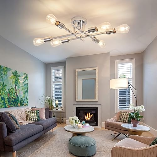 Miniatura 6 de ZGLAOJT Lámpara de techo semiempotrada de 6 luces, lámpara industrial cromada, iluminación de granja para comedor, sala de estar, cocina, dormitorio
