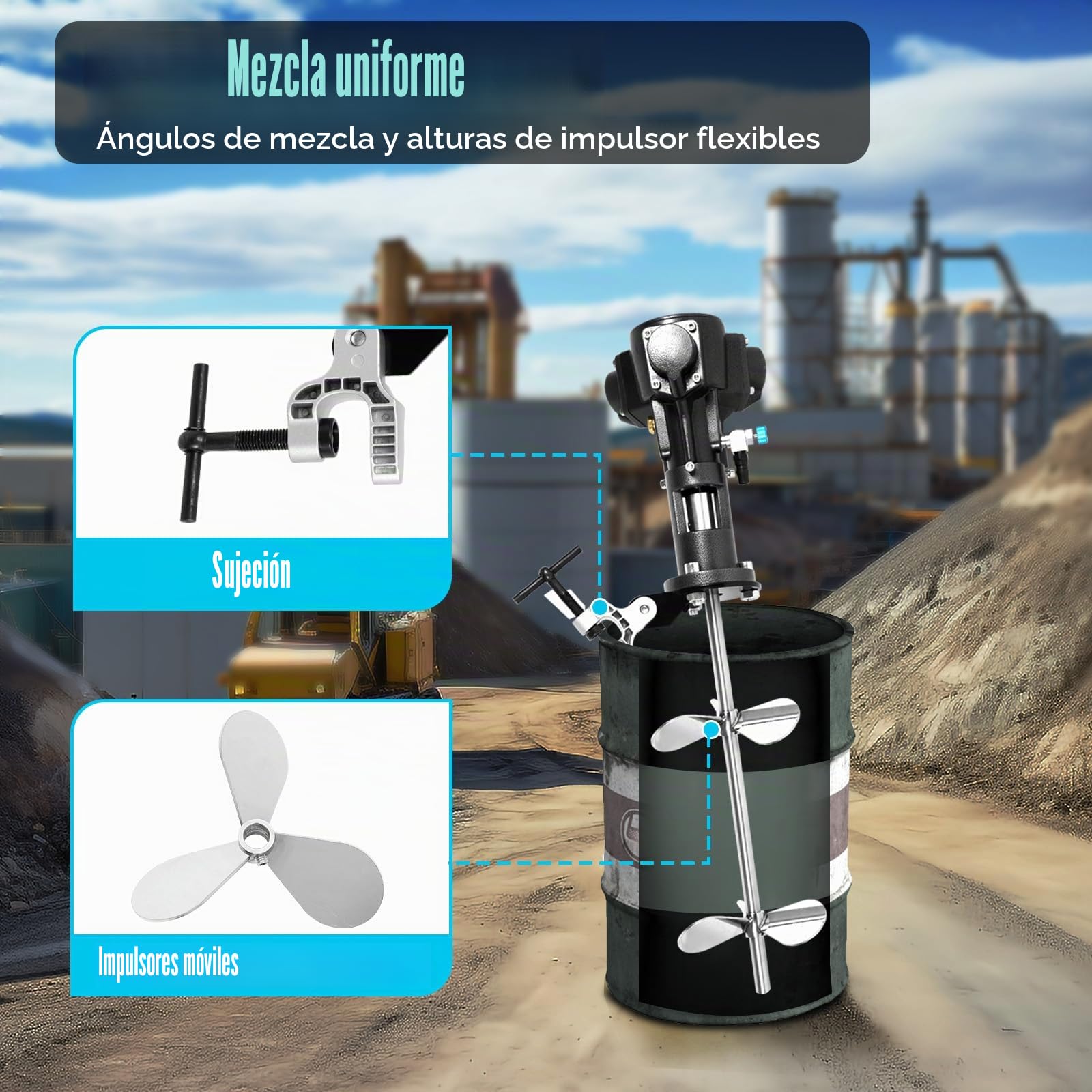Mezclador Neumático Masilla 50 Gal Acero Inoxidable 1/2HP 50-2000RPM | Neumático Sin Chispas | 1/2HP 50-2000 RPM | Mezcla 50 Galones | Silencioso con Silenciador | Protección Sobrecarga Automática