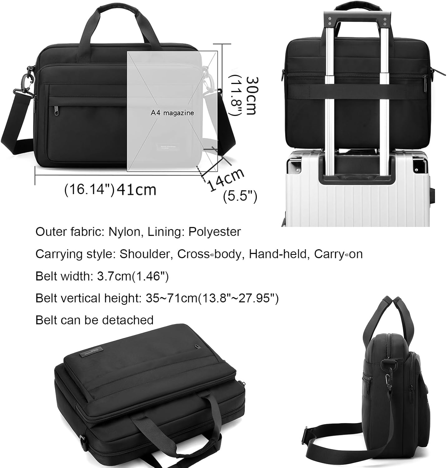 natyrlpog Laptop Bag 15.6 Inch Briefcase for Men Women Waterproof Nylon Lightweight, Shoulder Computer Messenger Handbag for Business Office Work Travel College Black - Image 5