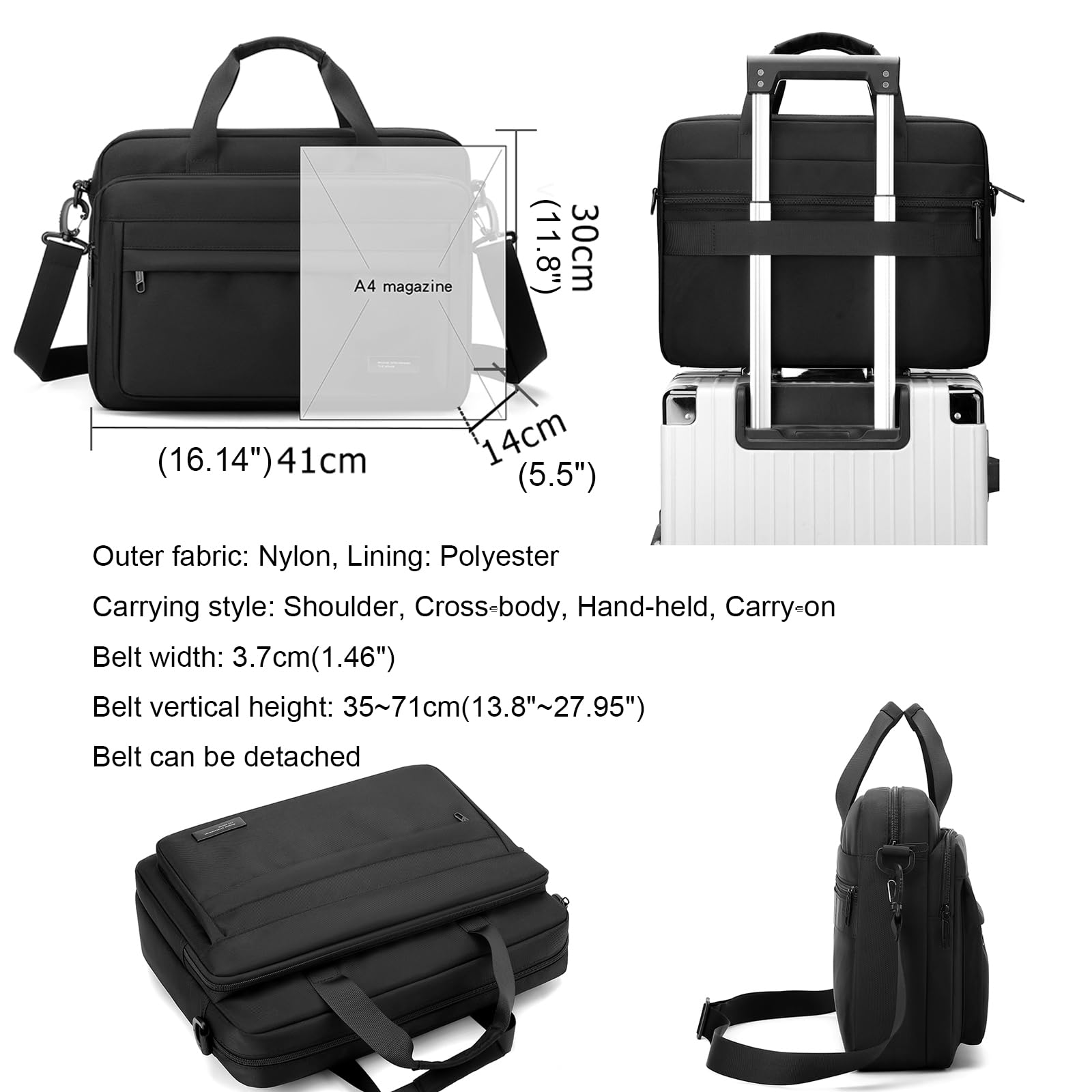 zhongningyifeng Aktówka na laptopa o przekątnej ekranu 15,6", dla mężczyzn i kobiet, nylonowa, wodoszczelna torba listonoszka, torba na ramię do biznesu i podróży, czarna, czarny