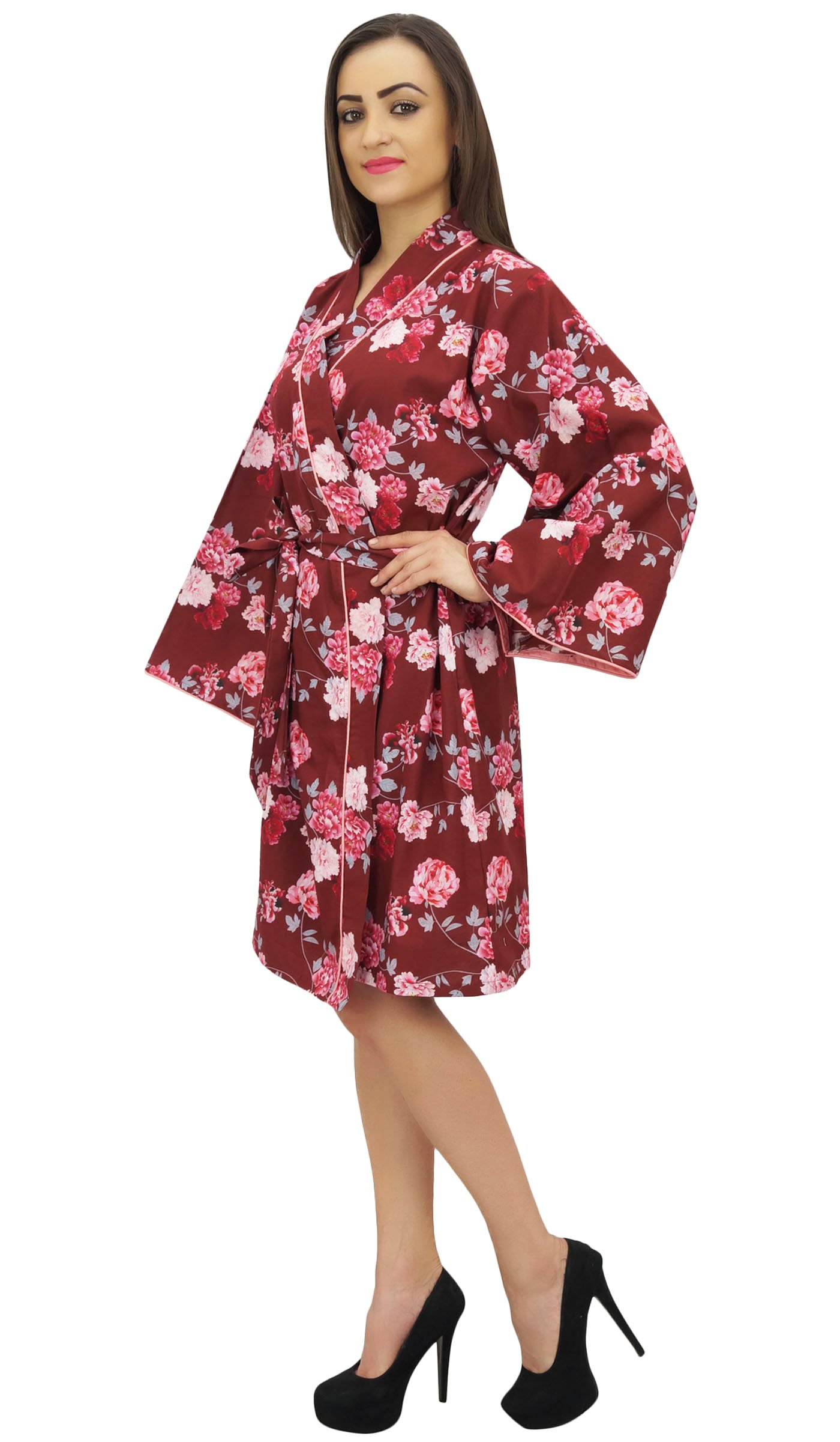 Bimba Maroon Kimono Robe con Cinturon Estampado Floral Ropa De Dormir Coverup - 52