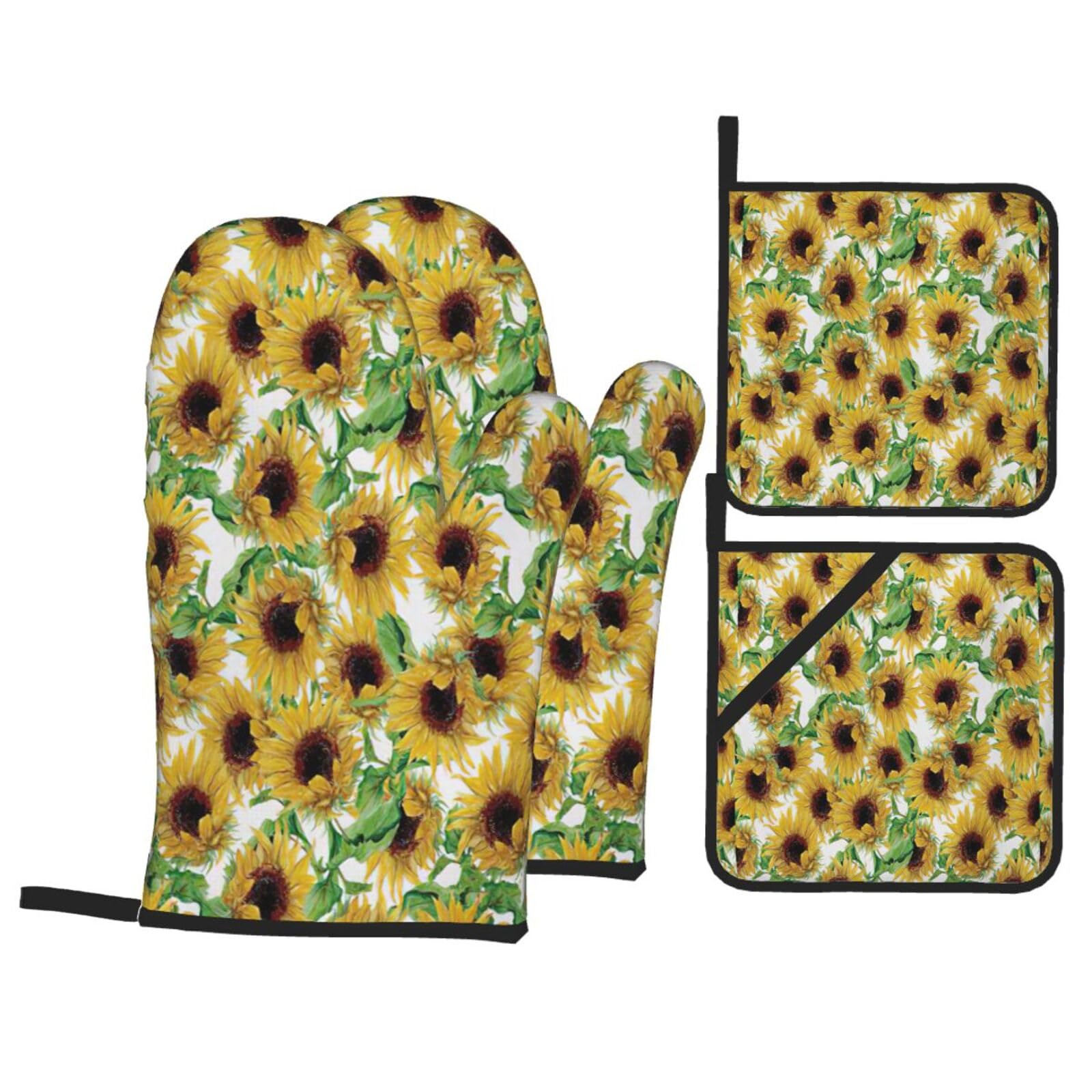 Sunflower.1 Print Kitchen Oven Mitts And Pot Holders Set,Hanging Loop Design For Cooking Baking Bbq