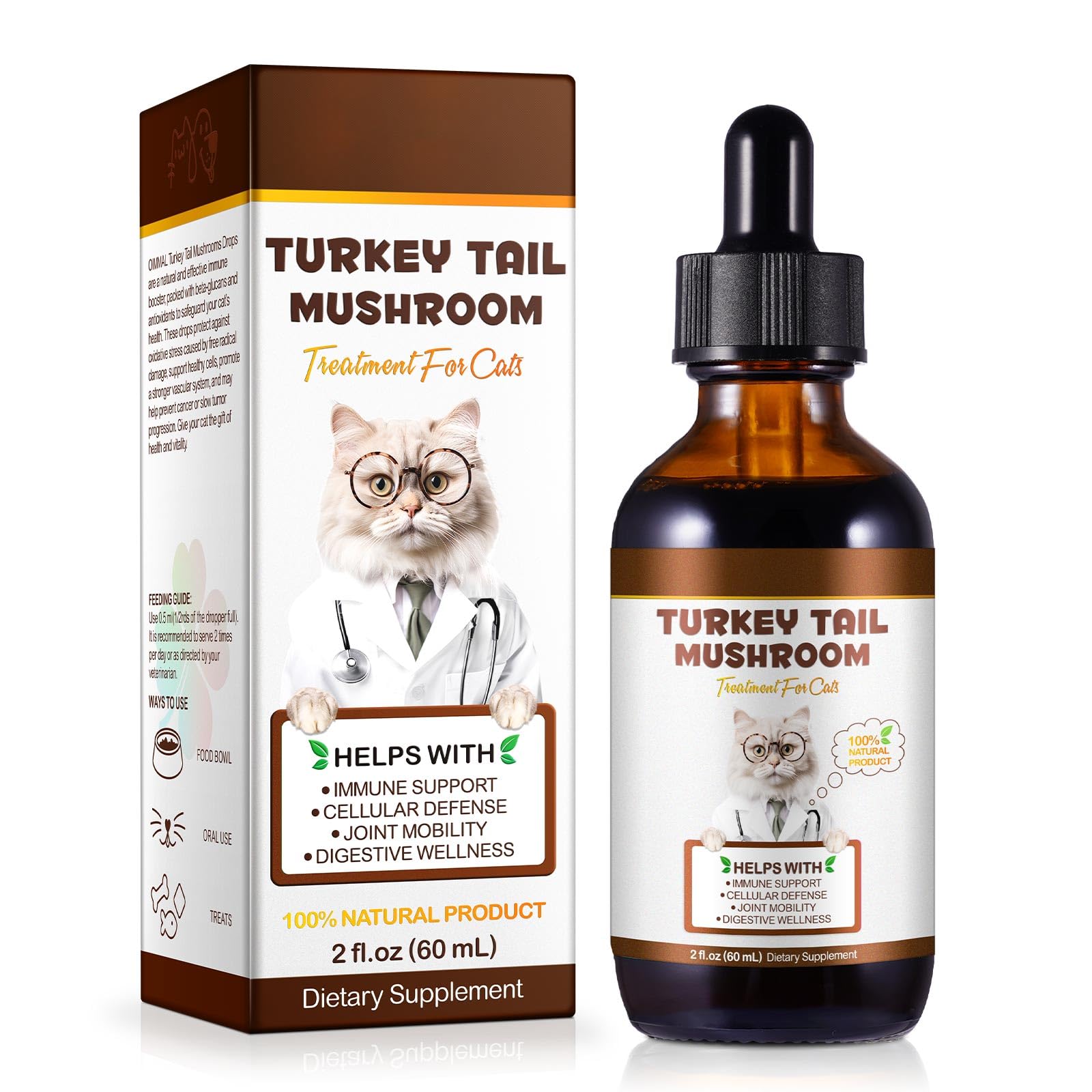 Turkey Tail Mushroom for Cats – Immune & Digestive Support Liquid Drops with 5X Mushrooms, Turmeric & Probiotics – Joint, Energy & Overall Wellness – Bacon Flavor, 60ml