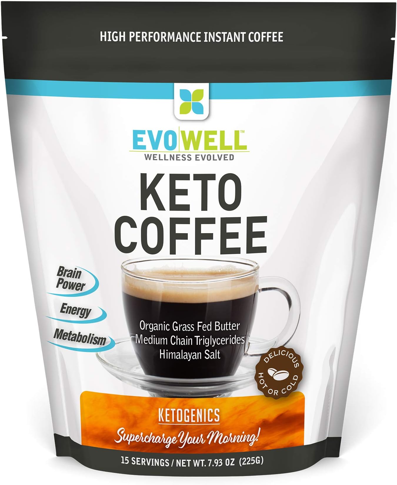 EVOWELL Keto Brown Coffee, Organic Grass Fed Butter, Medium Chain Triglycerides, Himalayan Salt, 15 Servings