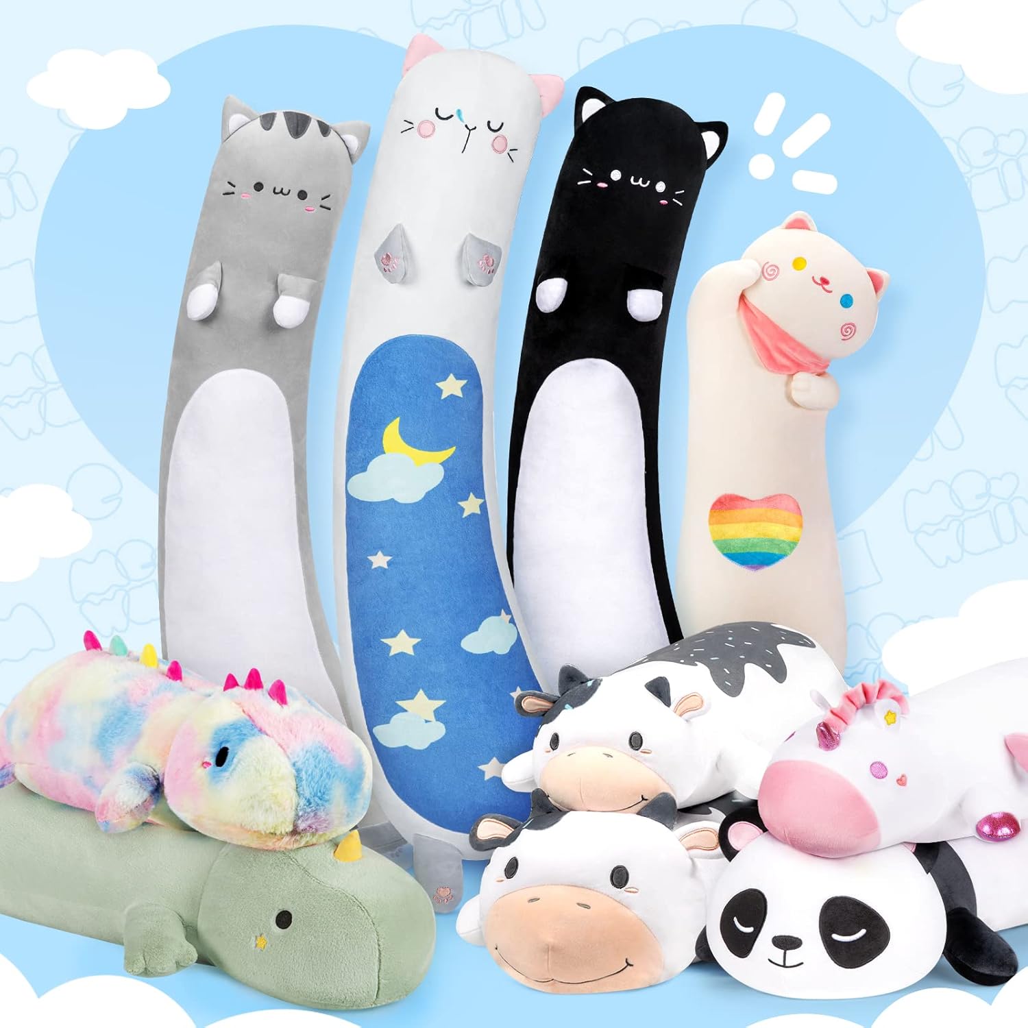 Mewaii Long Cat Plush Body Pillow 25" White Starry Cat