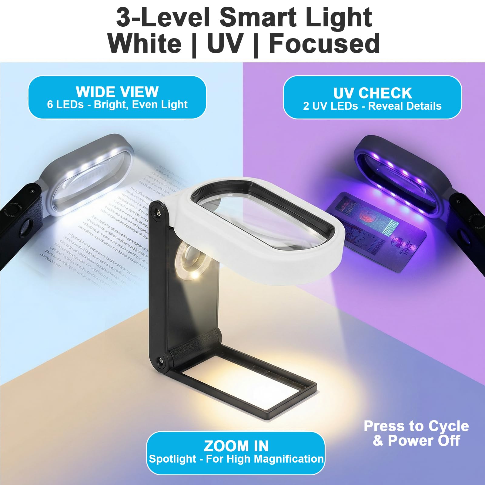 Lente di Ingrandimento con Luce e Base 10x & 25x Ingrandimento,Lente Pieghevole da Tavolo con 9 LED, Luce UV, Scala di Misura - Per Lettura, Gioielleria, Collezionismo, Hobby, Anziani