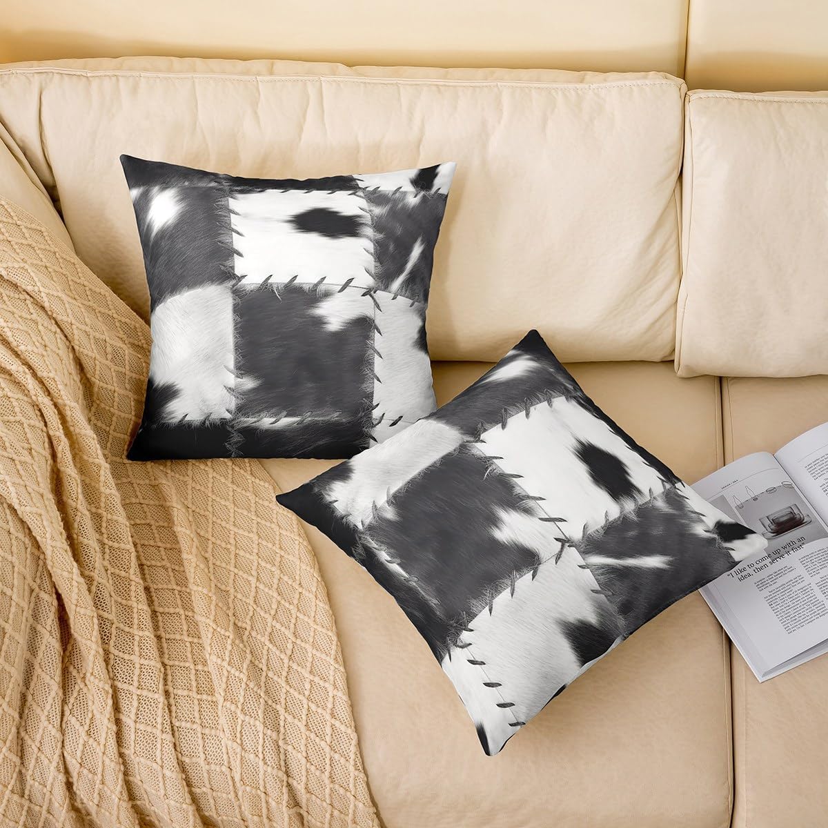 (Not Real) Cowhide Throw Pillow Cover 24x24, Patchwork Cow Fur Print Decorative Square Pillow Case for Home Bed Sofa Couch, Farm Animal Pillow Cover, Western Cowboy Farmhouse Cushion Cover, Grey White