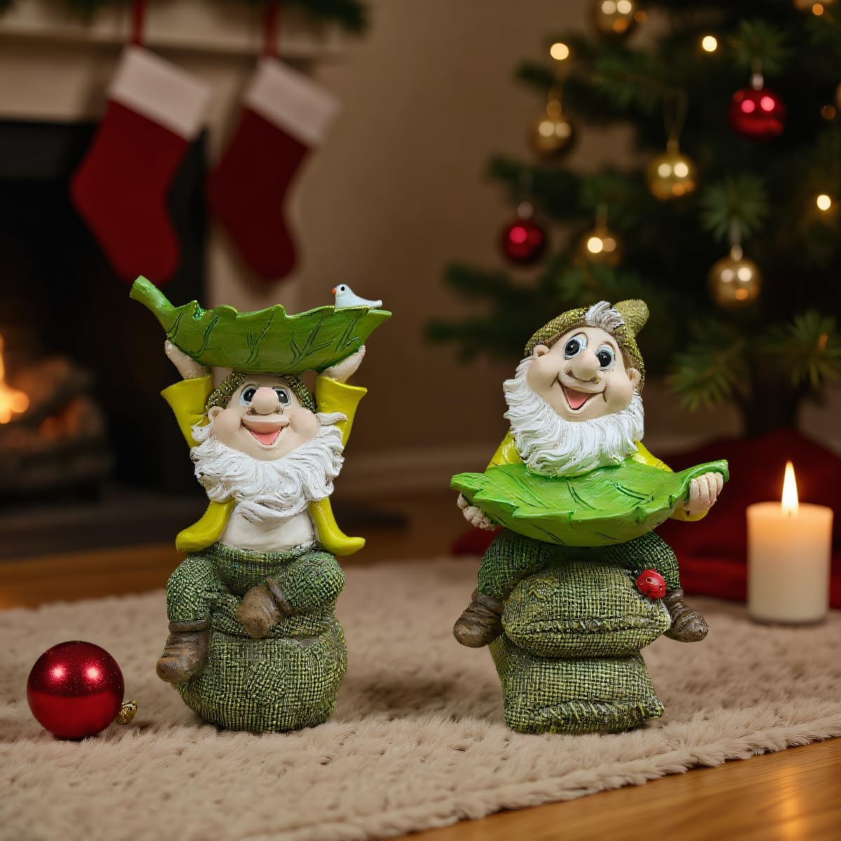 Garden Gnome with Bird Feeder and Planter Bowl, Resin Lawn Ornament Statue, Outdoor Yard Decoration for Attracting Small Birds and Growing Plants(Hold-Up Leaf Feeder)