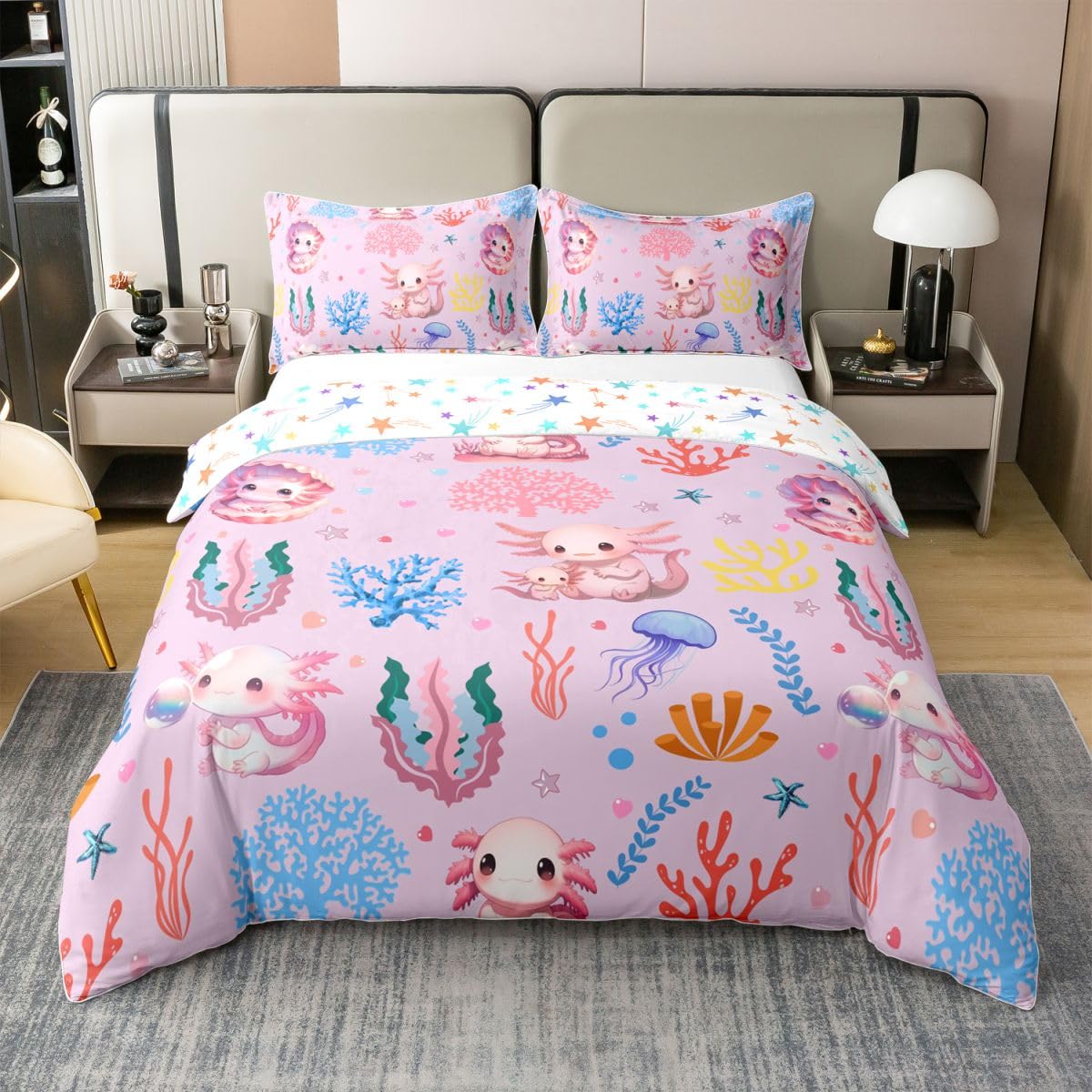 Homewish Różowa urocza poszewka na kołdrę axolotl super king koral rozgwiazda meduza bawełna zestaw pościeli marzycielski podwodny świat poszewka na kołdrę kreskówka gad zwierzę zestawy łóżek