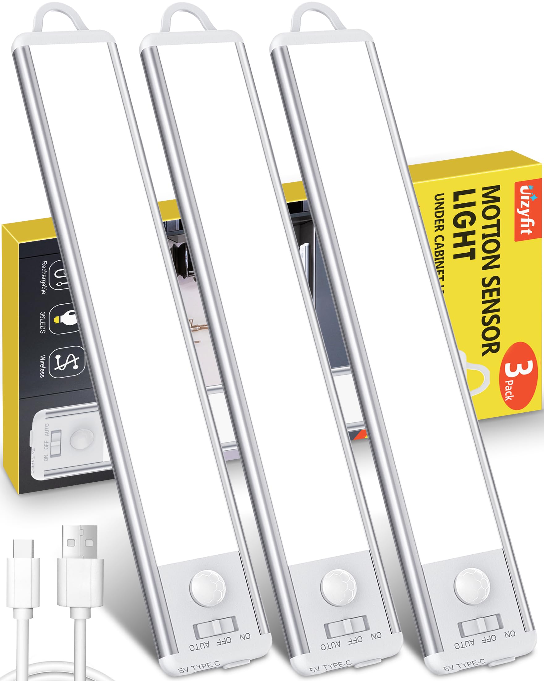 Under Cabinet Lighting Motion Sensor Light Indoor 36 LED Under Cabinet Lights Under Counter Lights for Kitchen USB C Rechargeable Closet Lights Motion Sensored for Kitchen Wardrobe Stair 9.6” 3pack