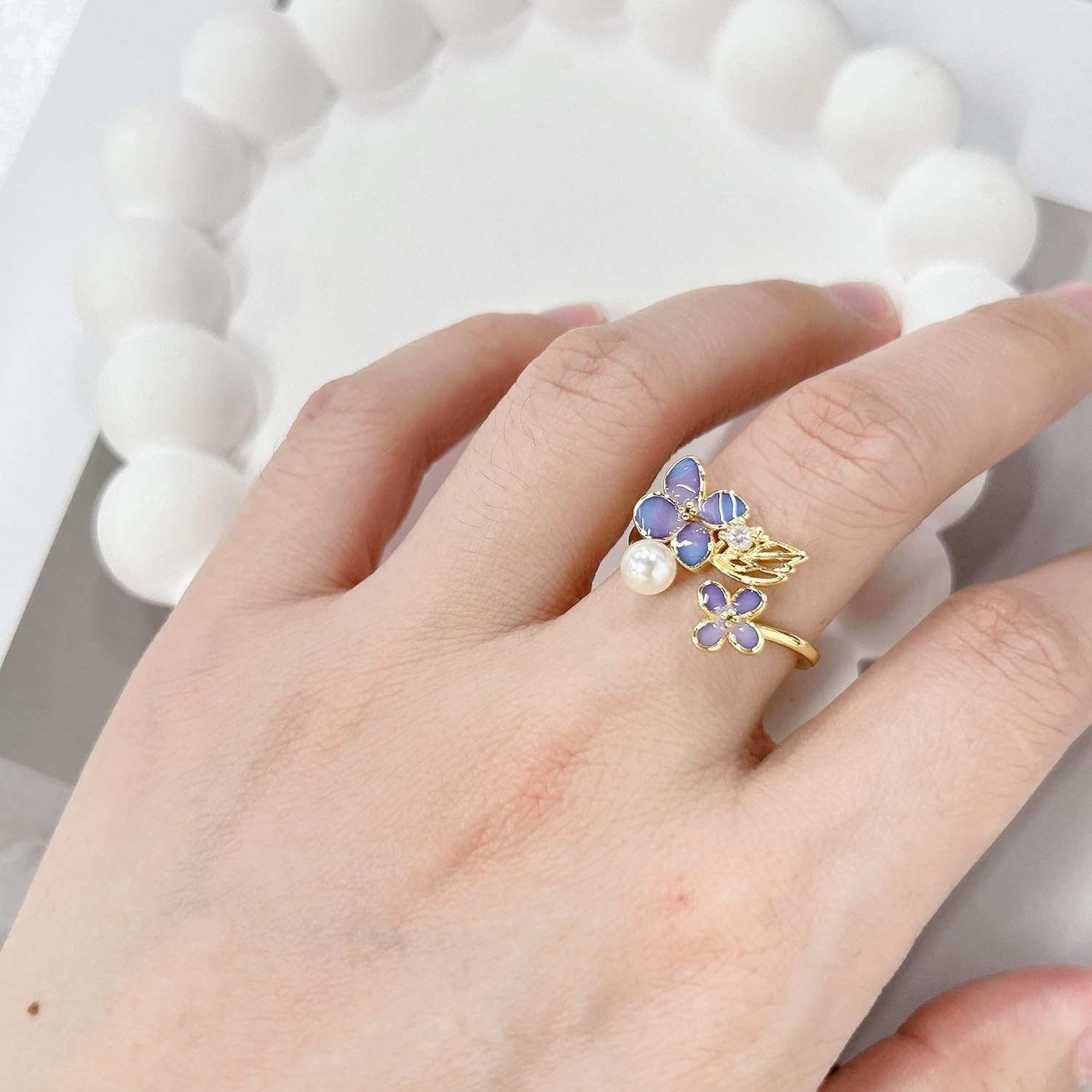 Dainty Wisteria Flower Cubic Zirconia Pearl Open Statement Ring for Women Fashion Chic Purple Enamel Floral Leaf Plants Wrap Band Finger Rings Adjustable Engagement Promise Wedding Comfort Fit Jewelry - Image 6