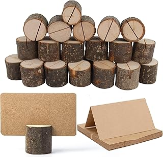 30Pcs Rustic Wood Place Card Holders, LIOUCBD Wooden Table Number Holder Stand with 30Pcs Kraft Paper Tented Place Cards, Bark Memo Photo Picture Note Holder for Wedding Party Home Office Decoration