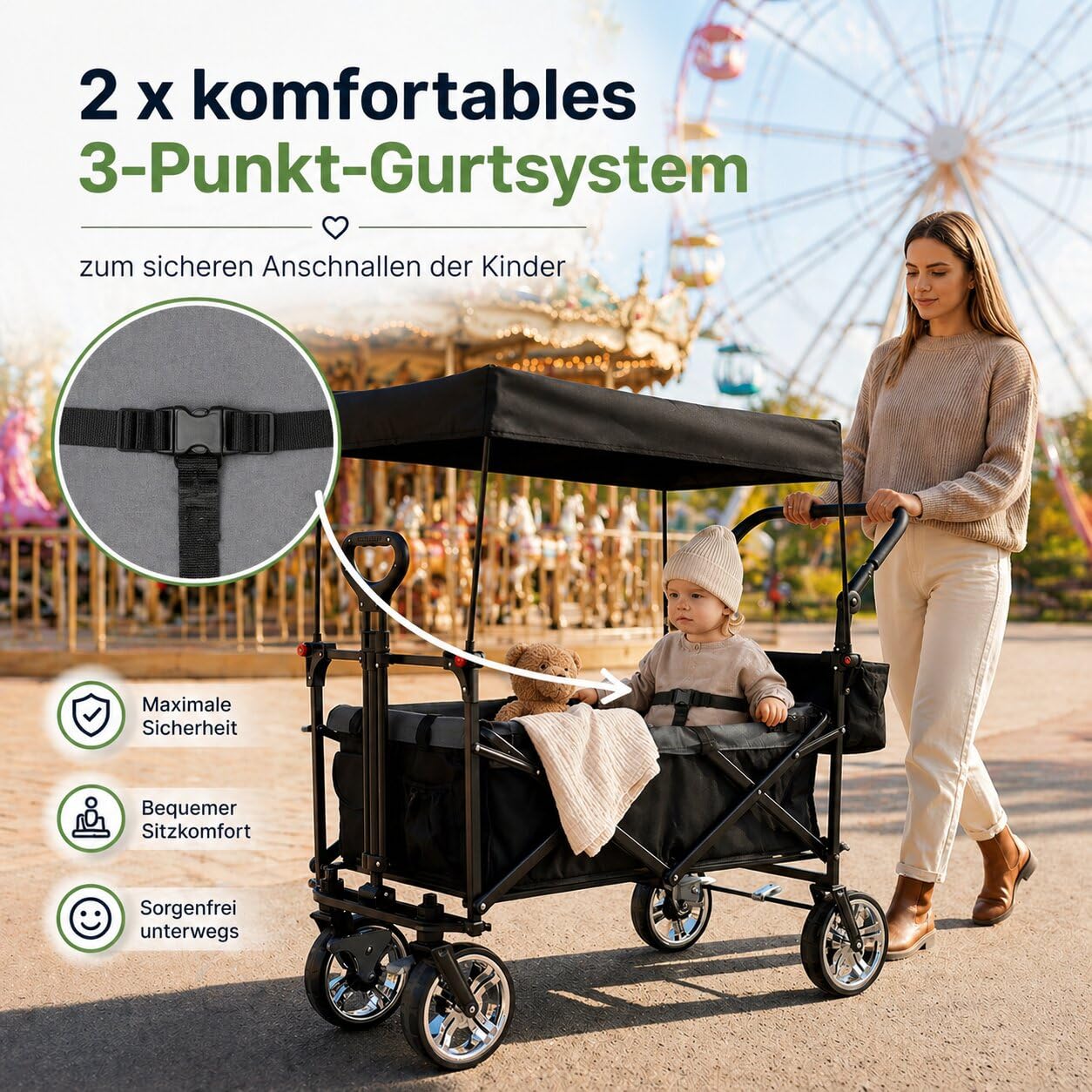Bollerwagen faltbar mit Dach 105L 100kg Schiebegriff & Teleskop-Ziehstange 2 Feststellbremsen + Zentralbremse hinten 3-Punkt-Gurtsystem XXL-Hecktasche Bollerwagen mit Dach