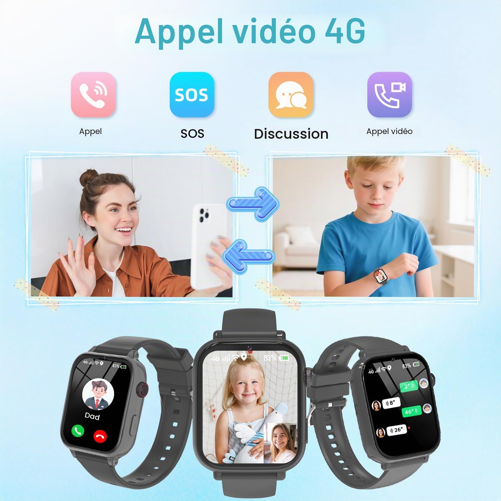 PTHTECHUS Montre Connectée pour Enfant 4G, Montre Intelligente Enfants GPS pour Fille Garçon avec SOS Chat Appel Vidéo Chronomètre Mode Classe Réveil, Smartwatch Téléphone Cadeau 4 à 12 Ans (Noir-S2)