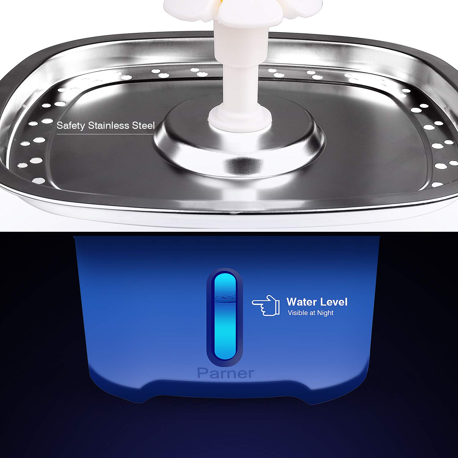Cat Water Dispenser, Parner Stainless Steel Pet Fountain Flower 2.5L Auto Cat Fountain, Quiet Cat Drinking Fountain with 4 Filters & 1 Silicone Mat & 2 Cleaning Brushes for Cat, Dog, Bird, Other Pets - image 2