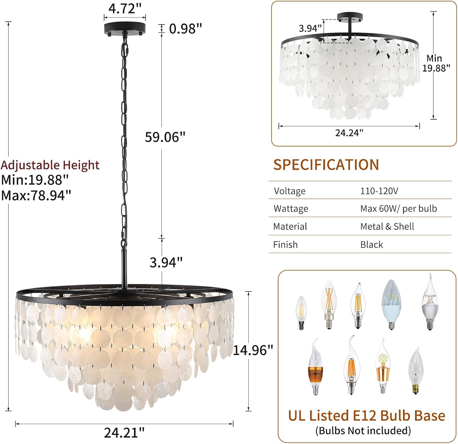 24.21" Capiz Shell Chandelier, 6 Light Natural Shell Ceiling Hanging Light Fixtures, Modern Coastal Chandeliers for Living Room Bedroom Bathroom Kitchen Foyer, Black