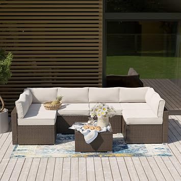 SUNBURY 7-Piece Outdoor Sectional Wicker Sofa in Off White Cushions, Brown Wicker Patio Furniture Set w Glasstop Table for Backyard Garden Porch