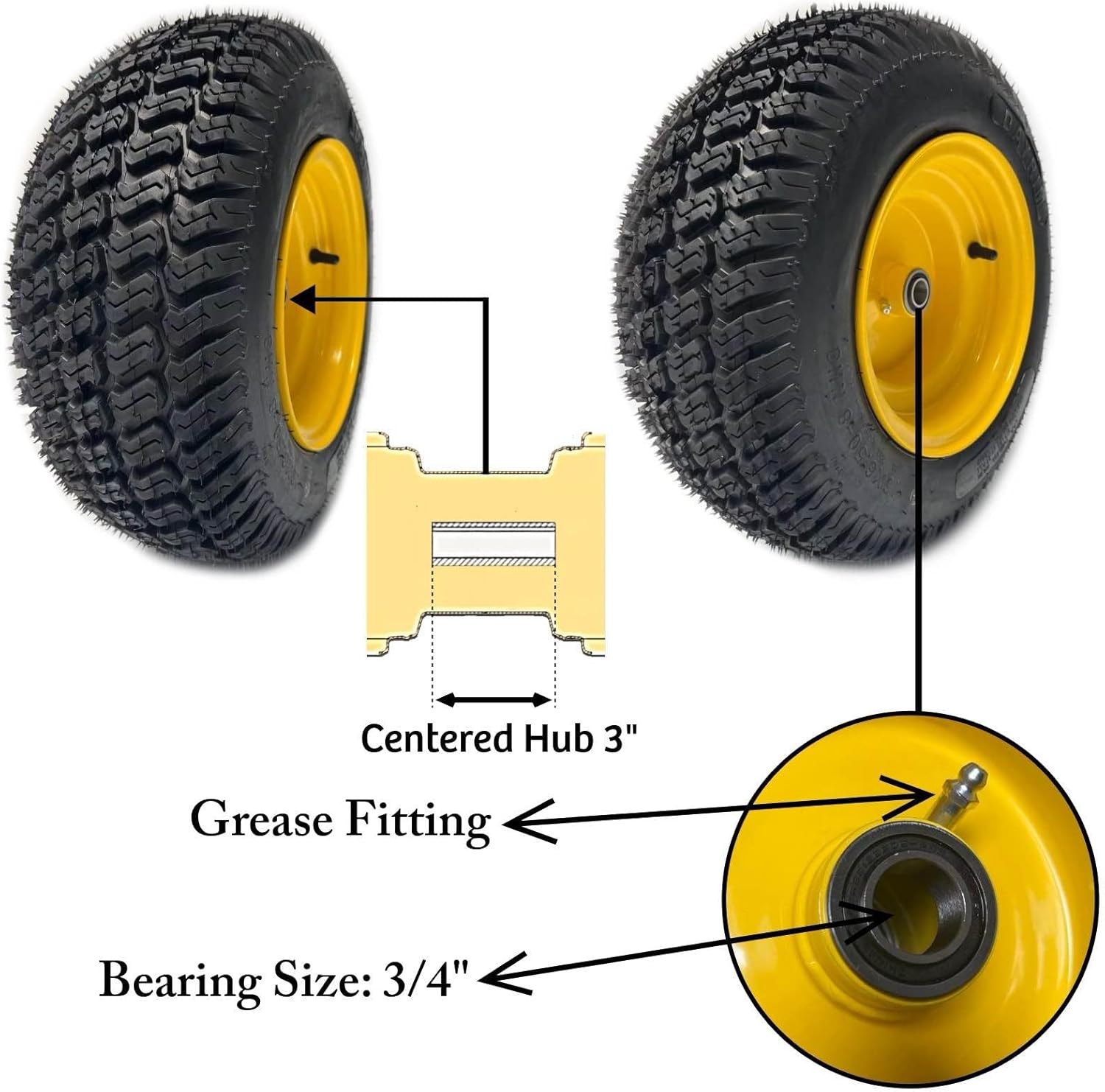 Dayrim 2 Pcs 16x6.50-8 Lawn Mower Tires with Yellow Rim, 4-Ply Tubeless, 3" Centered Hub, 3/4" Bore Bearing, Wheel & Tire Assembly, Turf Tread for Riding Mowers & Garden Tractors (yellow, 16x6.50-8)