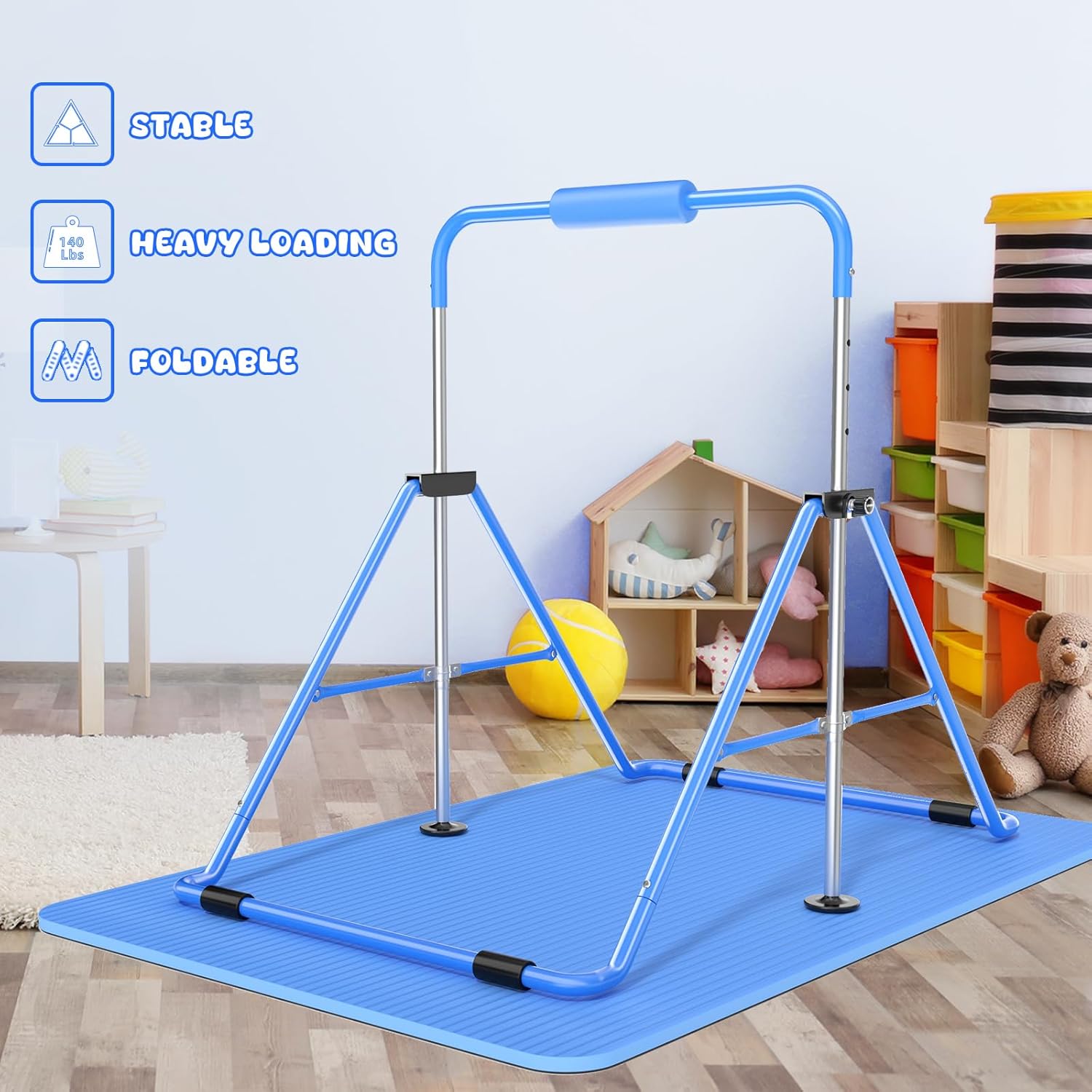 Safly Fun Foldable Gymnastics Bar for Kids, Adjustable 35"-51", Sturdy 145 lbs Capacity, Easy-to-Assemble, Gymnastics Equipment for Kids for Indoor/Outdoor Training