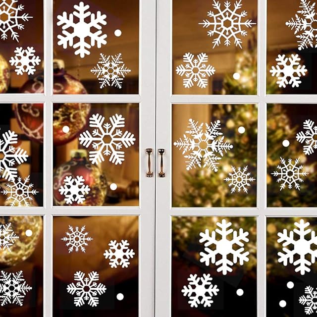 Christmas Window Stickers for Glass, White Xmas Window Stickers Snowflakes Reusable with Merry Christmas Stickers, Double Sided Christmas Snowflake Window Sticker Decorations