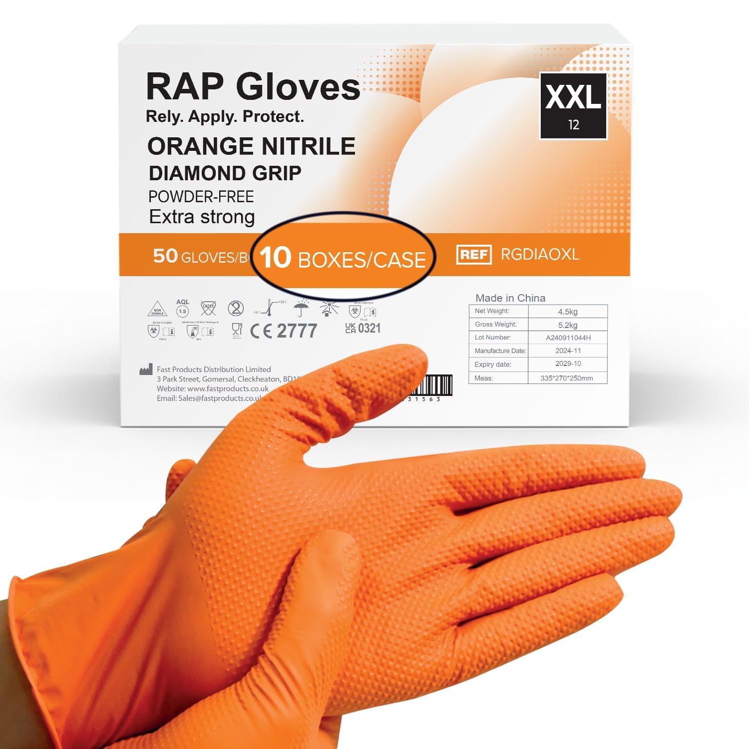 RAP Orange Nitrile Diamond Grip Safety Work Gloves (Pack of 500, XXL) – Heavy duty, Non-slip, Extra Thick Gloves – Ideal For Mechanics, Workshop, and Automotive use.