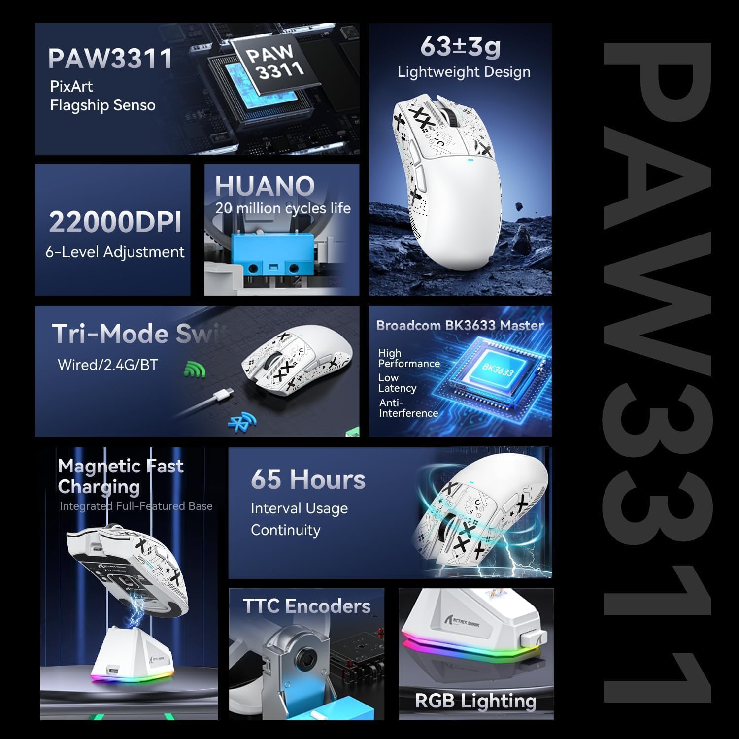ATTACK SHARK X11 Ultra-Light Triple Mode Gaming Mouse PAW3311 Optical Sensor 22K DPI 5 programmable Buttons with Magnetic Charging Stand for PC/Mac White&Sticker