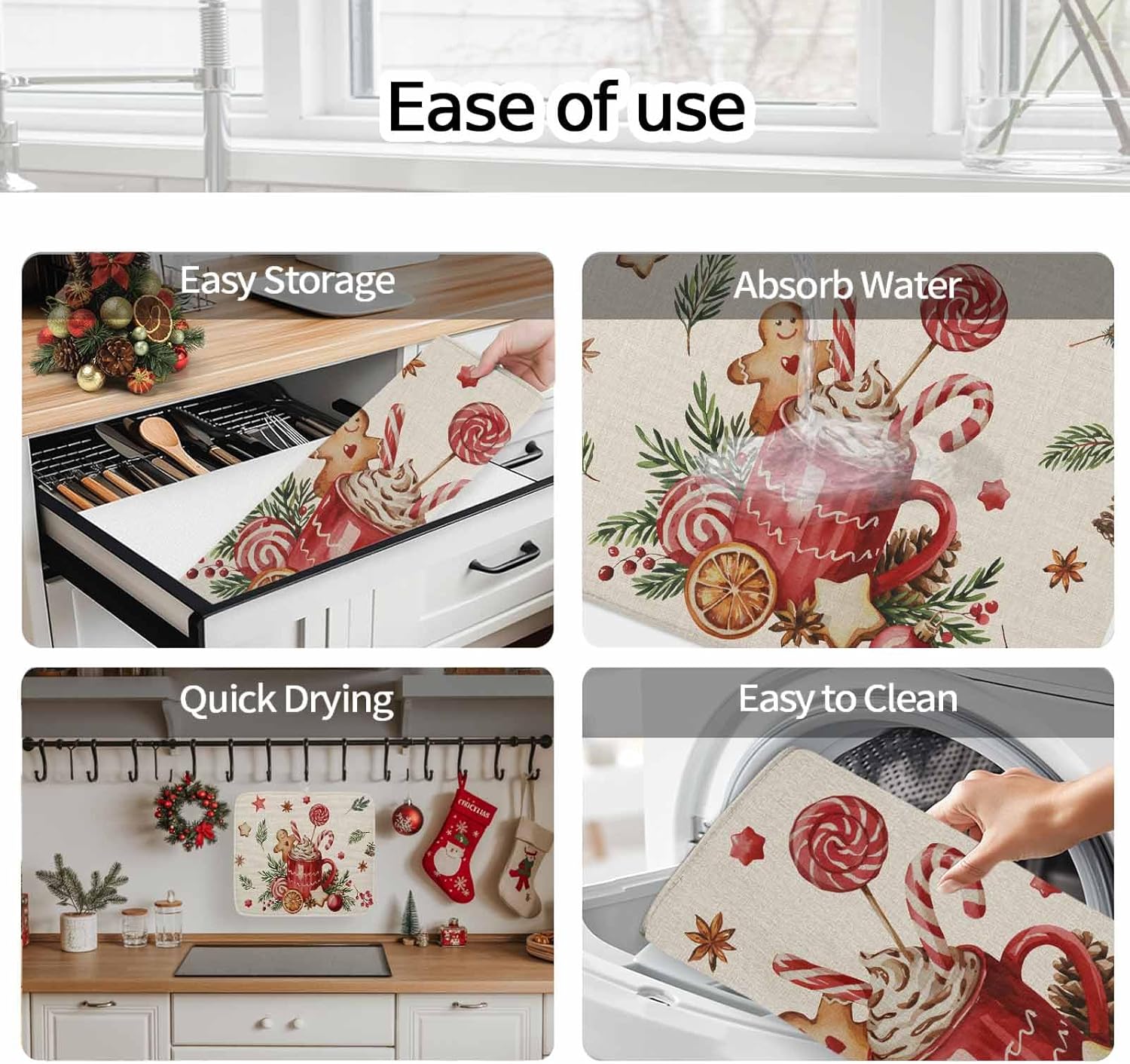 Vintage Pine Branch Gingerbread Dish Drying Mats for Kitchen Counter,Absorbent Microfiber Dish Drainer Rack Mat Cappuccino on Linen Drying Pad for Sinks,Utensils,Countertops,18x24in