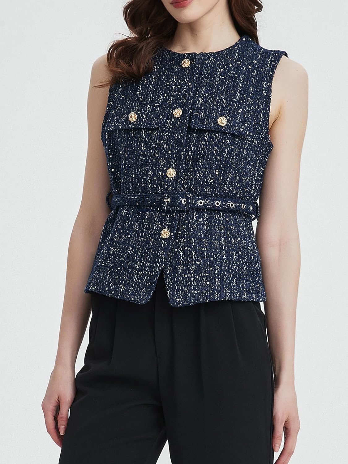 LifeShe Women Tweed Blazer Vest Button Down Sleeveless Elegant Blazers Jackets Business Office Waistcoat With Belt - Image 4