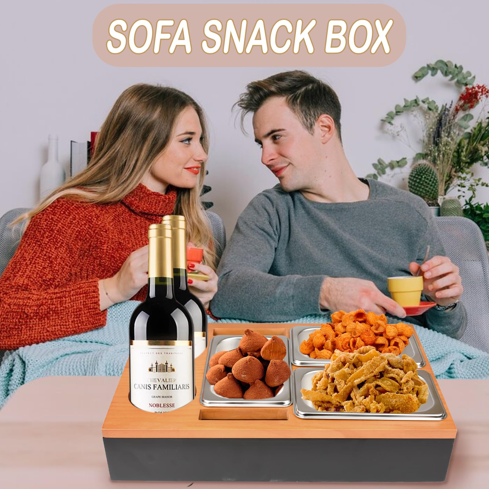 Snack Box Per Divano In Legno - 3 Vassoi Acciaio Inox, Portabicchieri E Portaoggetti - Foto 3