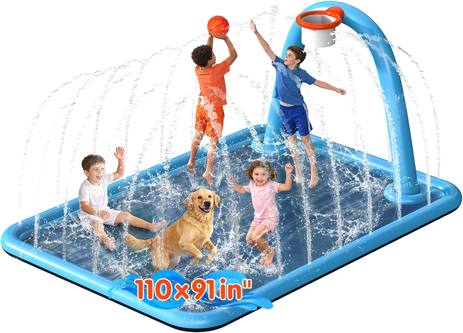 Instraella Splash Pad, 110x91'' 2-in-1 Large Sprinkler Mat with Basketball Hoop and Arch for Kids Outdoor Play, Shoot Game for Backyard, Inflatable Water OutdoorToys More Fun for Boys and Girls