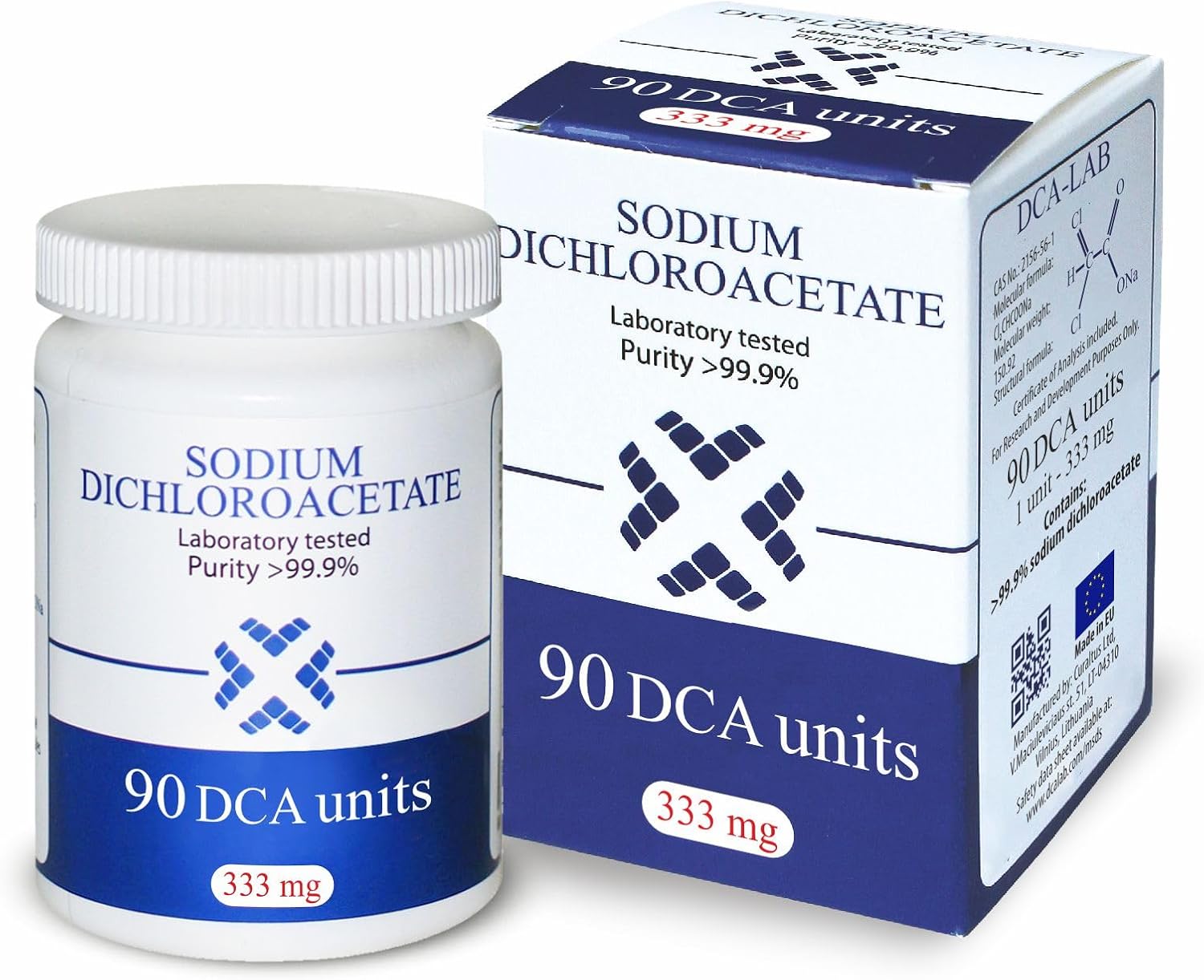 DCA - Sodium Dichloroacetate 333mg - Purity >99.9%, Made in Europe, by DCA-LAB, Certificate of Analysis Included, Tested in a Certified Laboratory, 90 Units