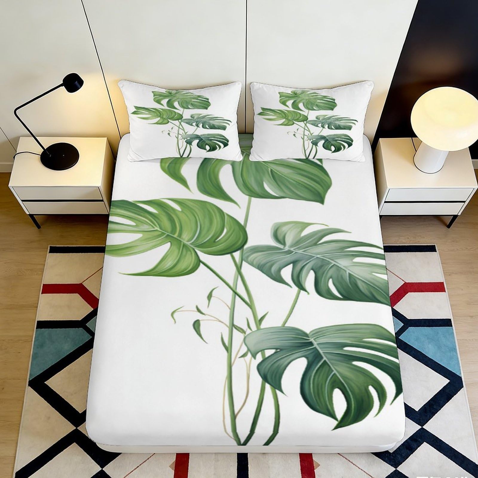 3D Printed Botanical Leaves Fitted Sheet Microfiber Elastic Deep Pocket Bedroom Bedding Botanical Mattress Fitted Cover Full Wrap 90x200x25cm