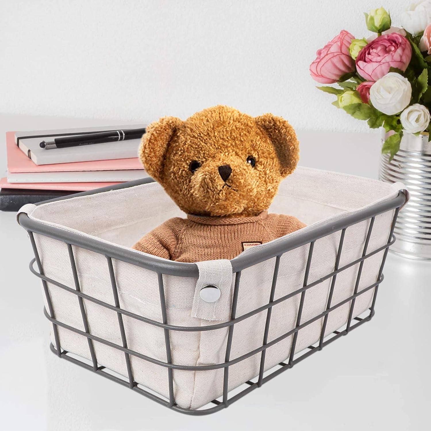 Iron Wire Storage Basket with Removable Fabric Liner Vintage Utility Storage Bin Kitchen Cabinet and Pantry Organizer Containers for Home Office Silver-29X19CM