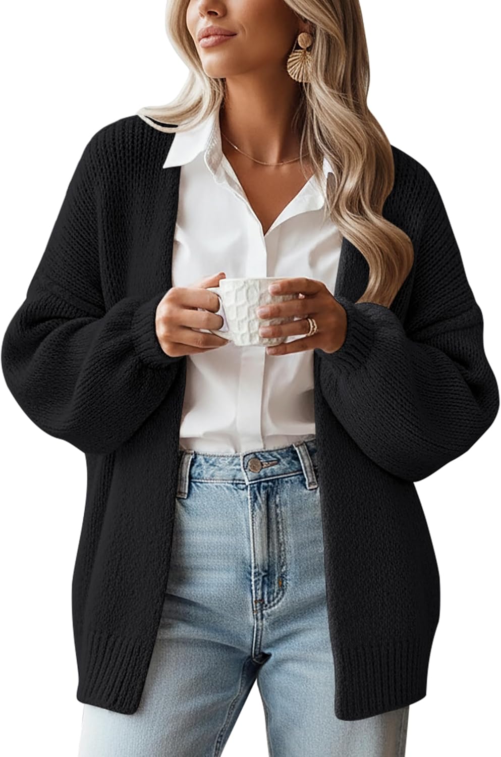 Womens Cardigans Chunky Sweater Women Soft Sweaters Female Oversized Lantern Sleeve Knit Open Casual Versatile Everyday Wear