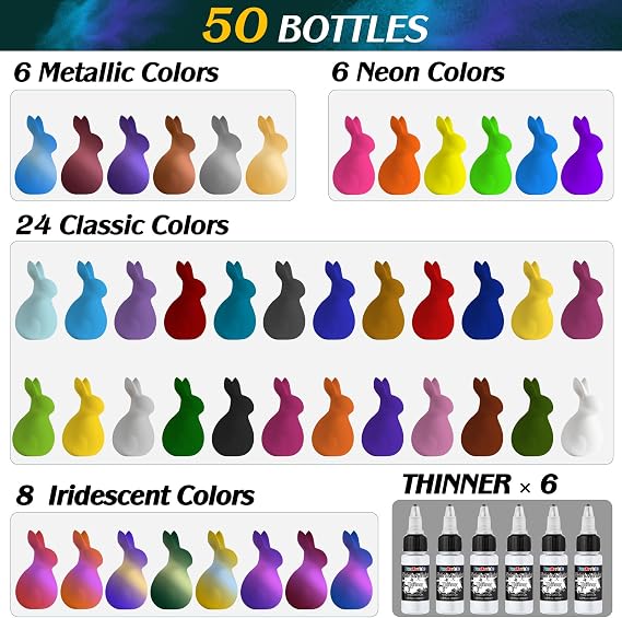 FansArriche Airbrush Paint, 44 Colors with 6 Thinners, 20 ml/Bottle | Acrylic Air Brush Painting Set, Ready to Spray Water-Based Opaque & Neon & Iridescent Airbrush Kit for Beginners, Artists
