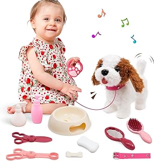 Walking Dog Toy with Remote Control Interactive Dog Toy Leash Plush Pets Puppy Doy Toy with Walking Barking Singing Shaking Tail Pretend Dress Up Dog for Boys & Girls