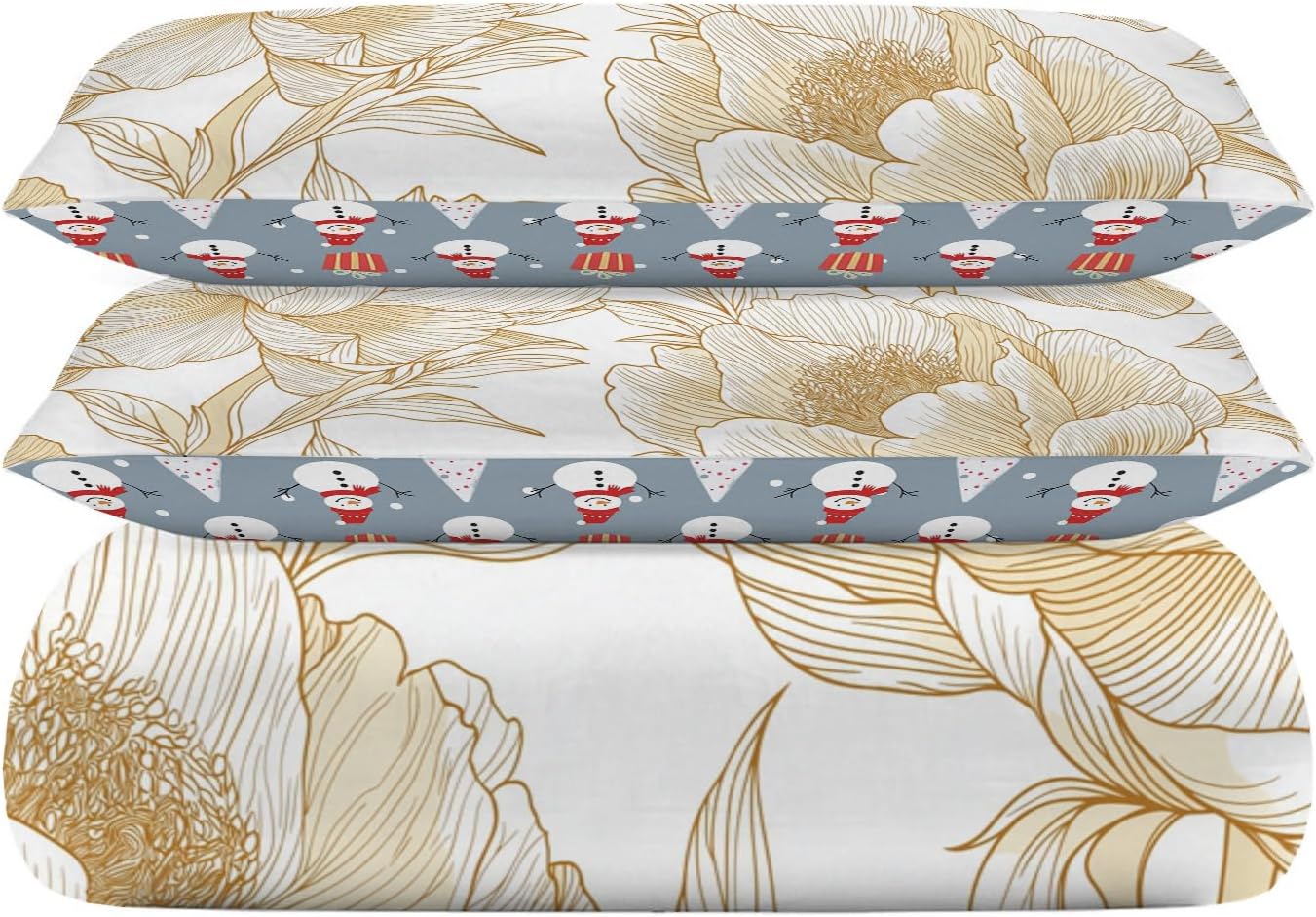 Double-Sided Christmas Bedding King Size,3D Printed Golden Peony Lines Quilt Cover with Elegant Flowers Design,Reversible Soft Microfiber Duvet Cover with Zipper,Includes 1 Duvet Cover